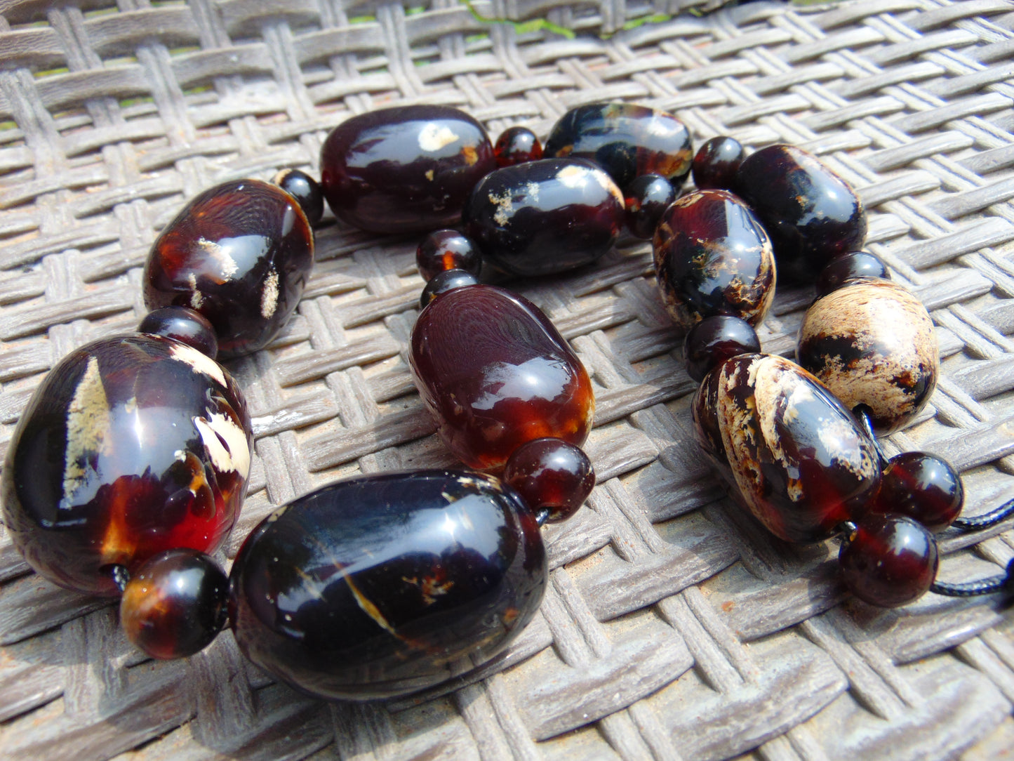 162 gram Small Beads Combination Necklace Indonesian Cherry Red Blue Amber for Healing NO.5