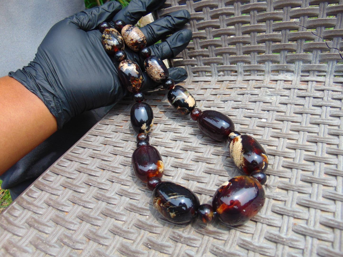 162 gram Small Beads Combination Necklace Indonesian Cherry Red Blue Amber for Healing NO.5