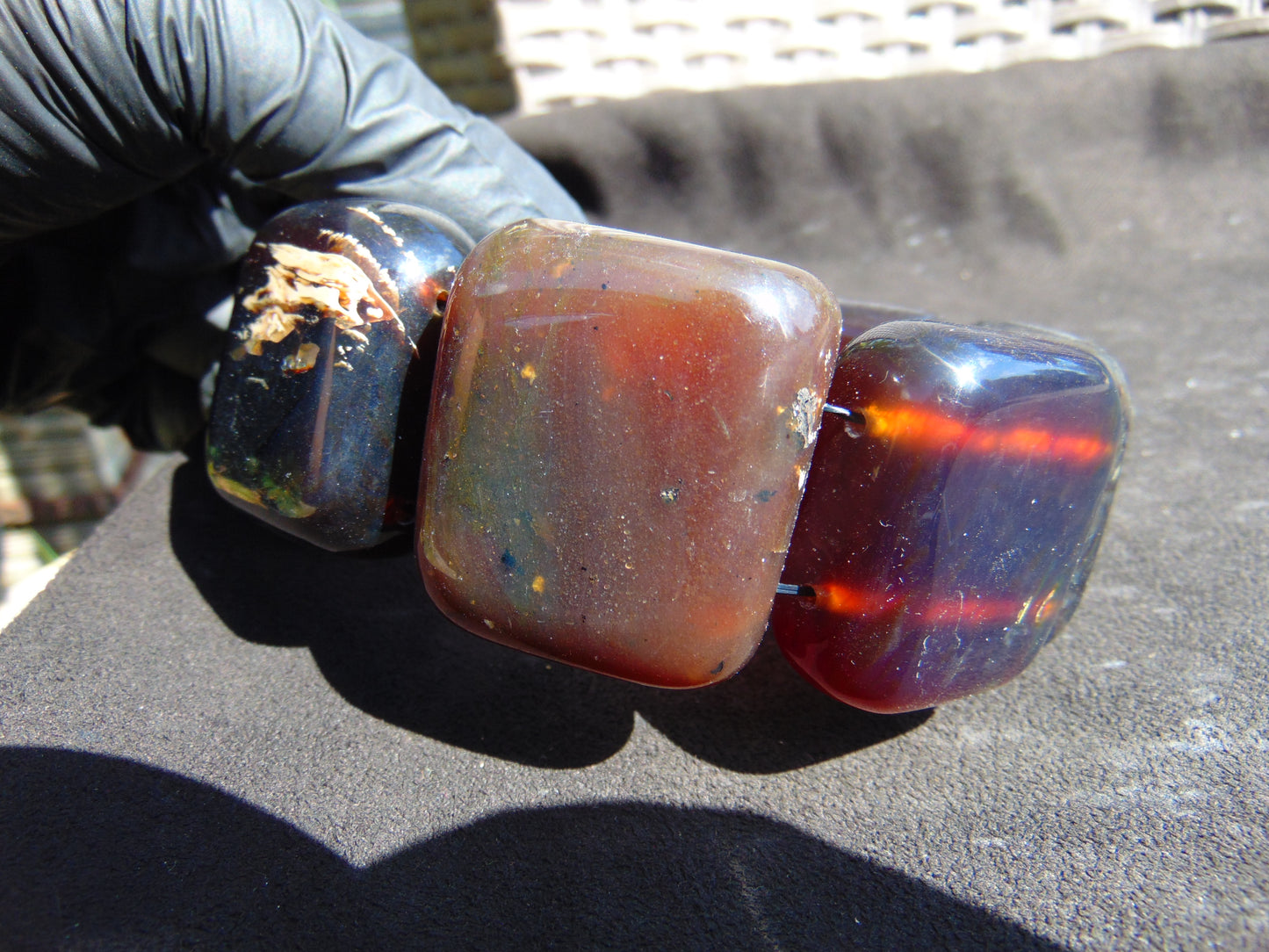 154 gr 7 Square Beads Bangle Indonesian Red Purple Amber for Healing FBK4