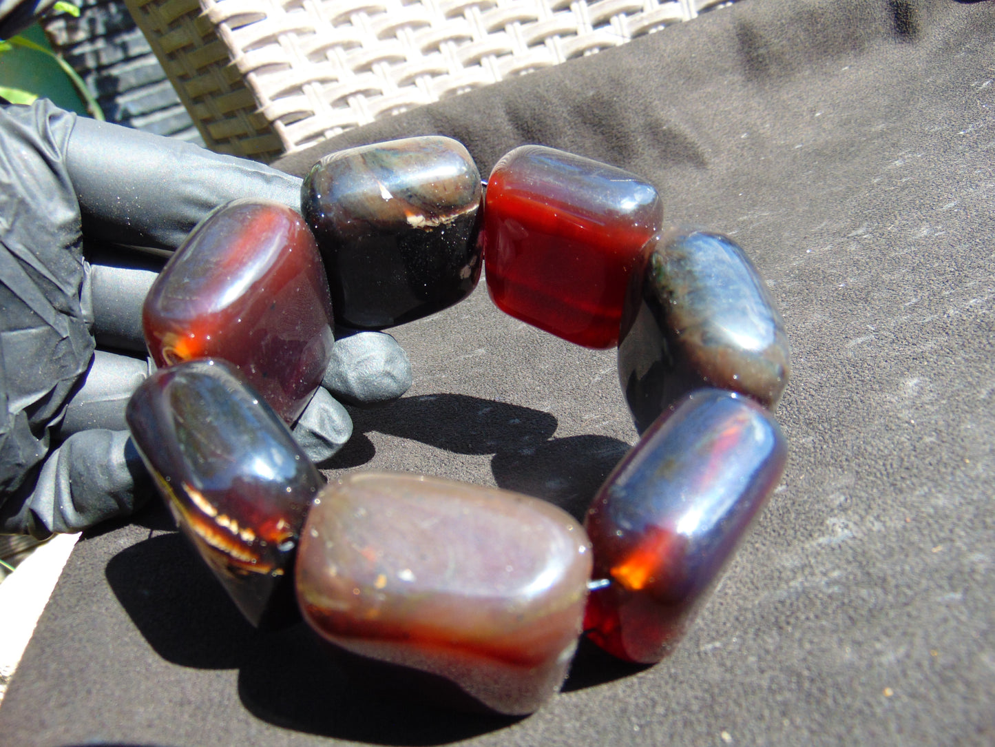 154 gr 7 Square Beads Bangle Indonesian Red Purple Amber for Healing FBK4