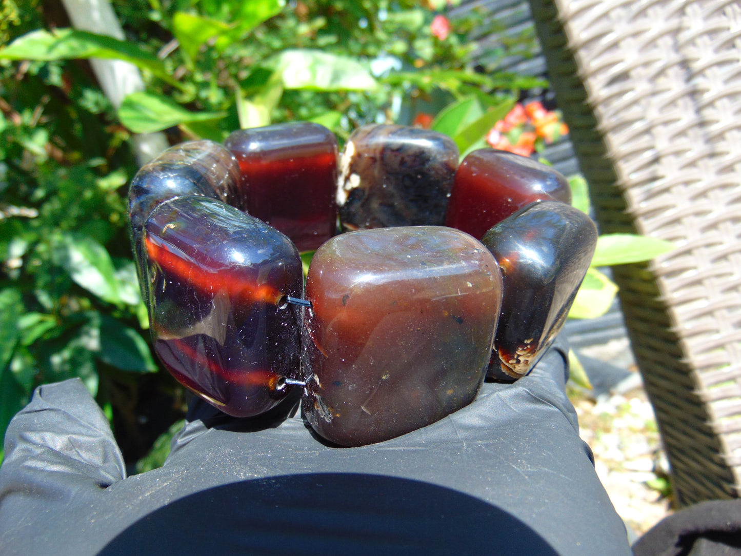 154 gr 7 Square Beads Bangle Indonesian Red Purple Amber for Healing FBK4