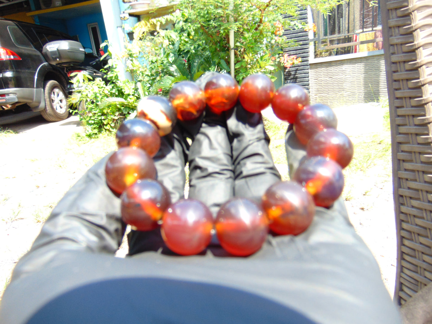 33 gram 14 Beads Mala Bracelet Indonesian Blue Red Amber 16 mm for Healing FRB1