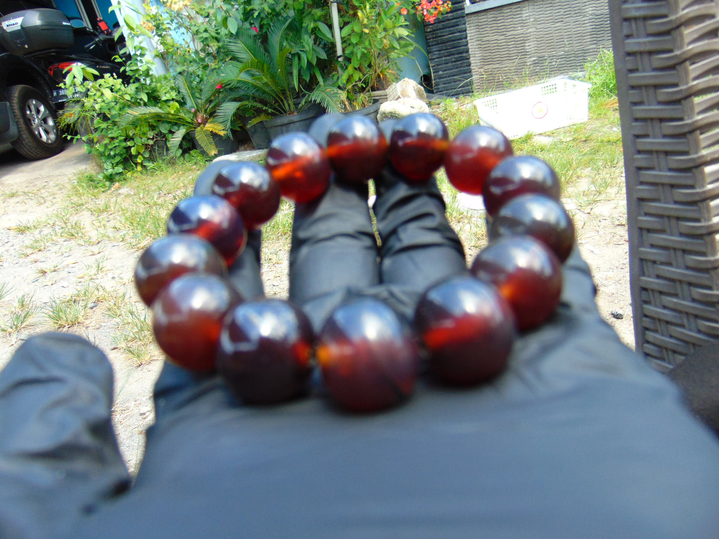 33 gram 14 Beads Mala Bracelet Indonesian Blue Yellow Red Amber 16 mm for Healing FRB9
