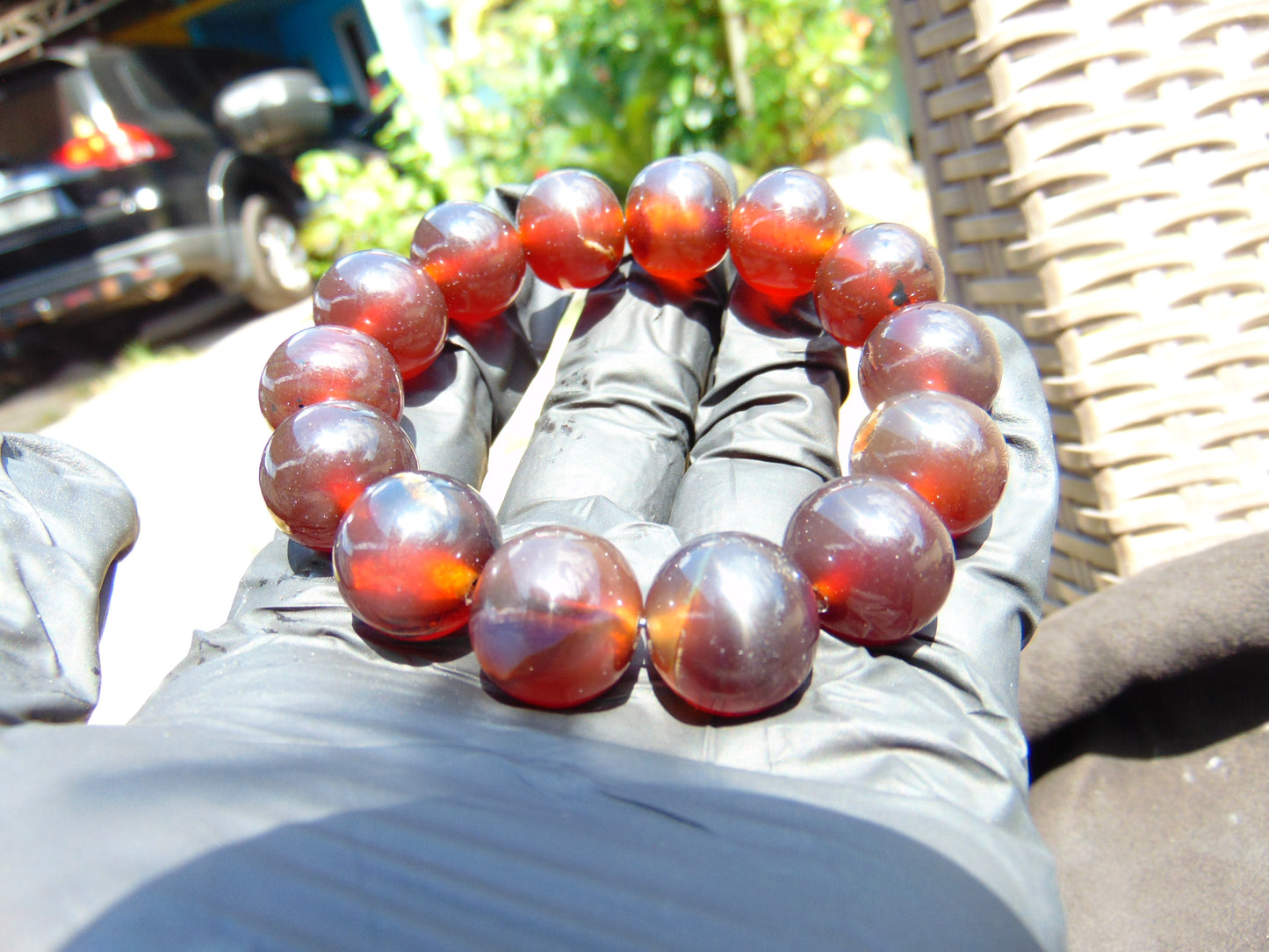 32 gram 14 Beads Mala Bracelet Indonesian Blue Red Amber 16 mm for Healing FRB4