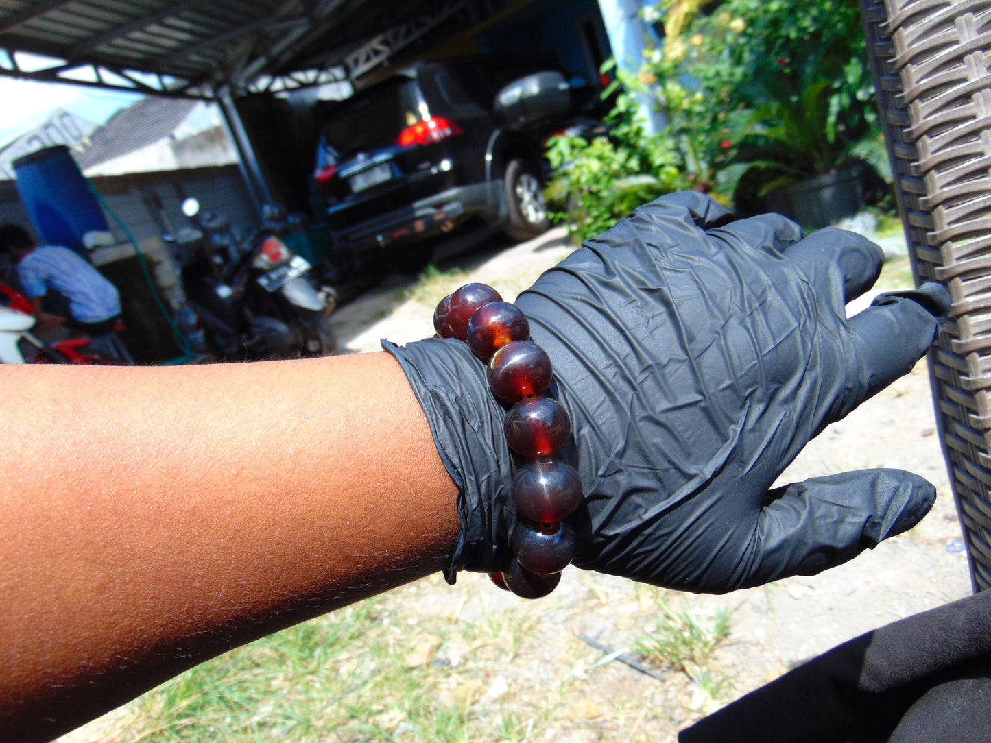 32 gram 14 Beads Mala Bracelet Indonesian Blue Red Amber 16 mm for Healing FRB4