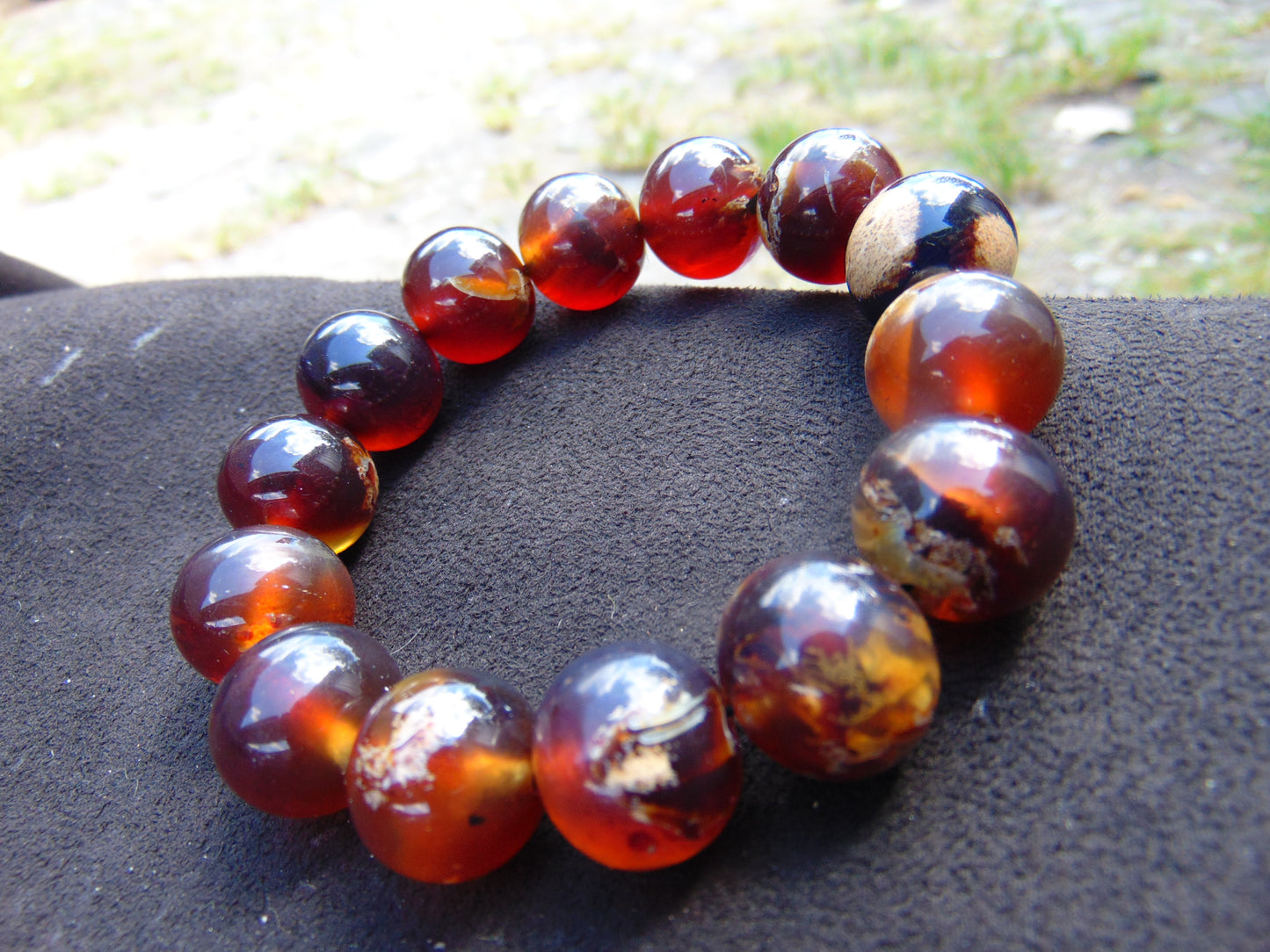 32 gram 14 Beads Mala Bracelet Indonesian Blue Yellow Red Amber 16 mm for Healing FRB8
