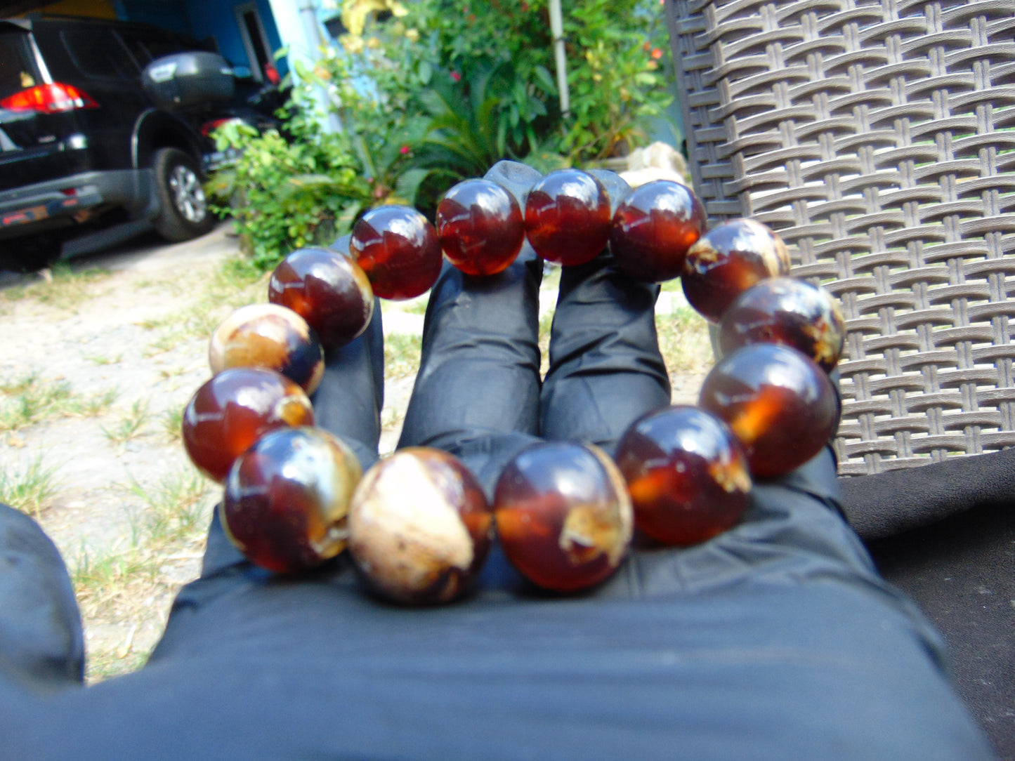32 gram 14 Beads Mala Bracelet Indonesian Blue Yellow Red Amber 16 mm for Healing FRB8