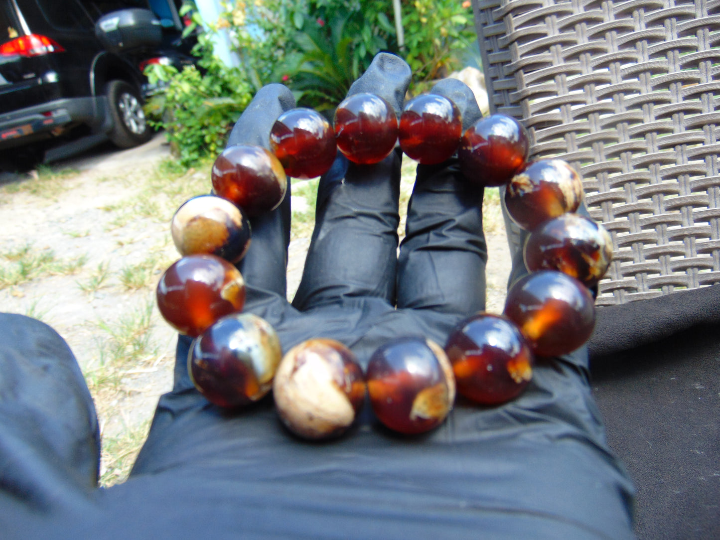 32 gram 14 Beads Mala Bracelet Indonesian Blue Yellow Red Amber 16 mm for Healing FRB8