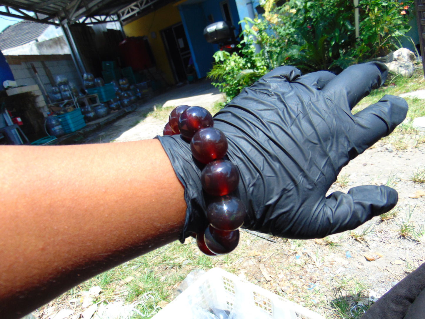 56 gram 12 Beads Mala Bracelet Indonesian Cherry Red Blue Amber 20 mm for Healing B20M22