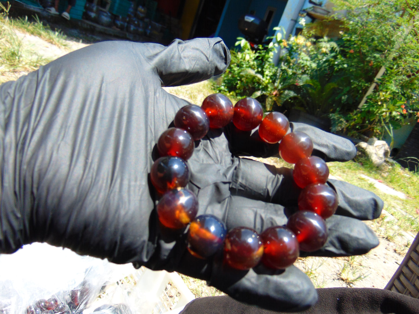 33 gram 14 Beads Mala Bracelet Indonesian Blue Red Amber 16 mm for Healing B15M4
