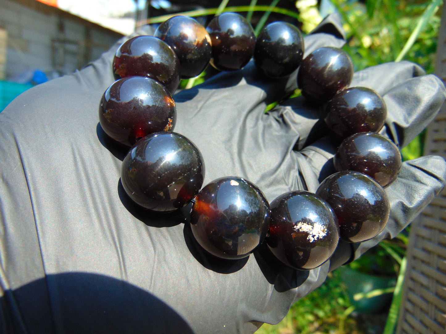 58 gram 12 Beads Mala Bracelet Indonesian Black Red Amber 20 mm for Healing G20B34
