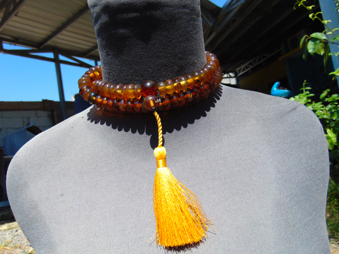 74 gram 108 Rosary Mala Buddha for Yoga and Meditation Indonesian Yellow Bluish Amber for Healing M401