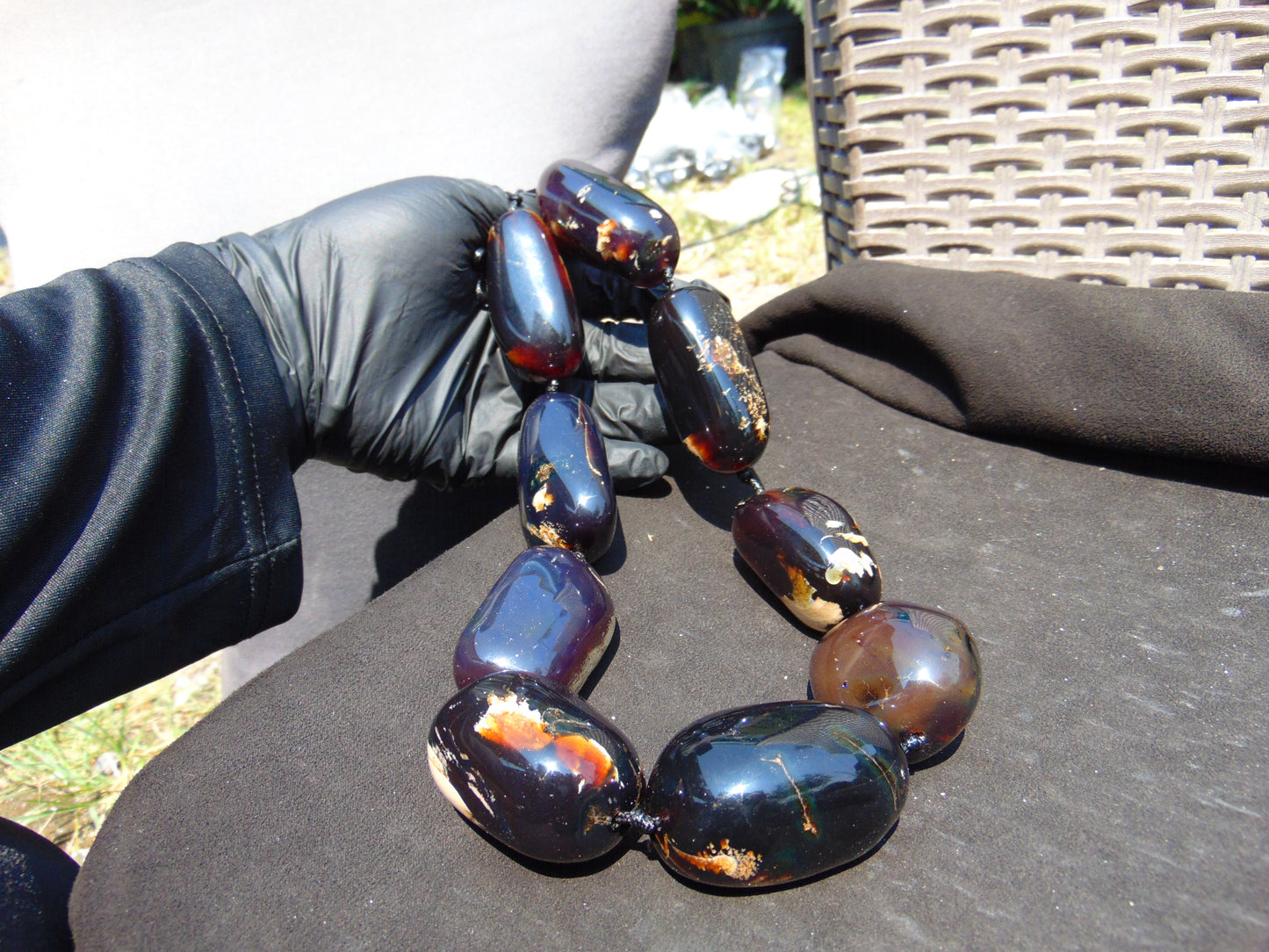 269 gr 9 beads Big Necklace Indonesian dark blue Amber for Healing A9K14