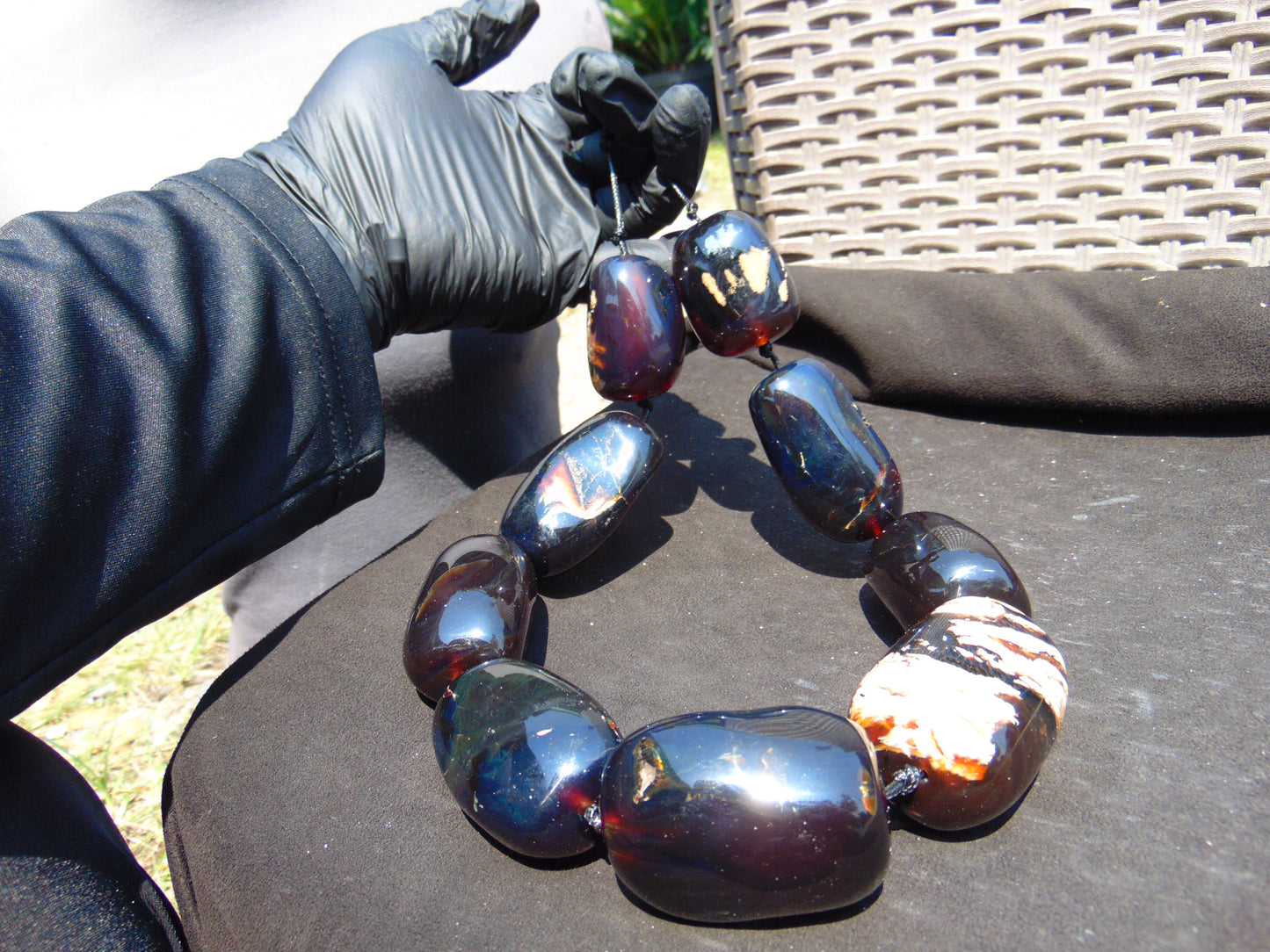 353 gr 9 beads Big Necklace Indonesian dark blue Amber for Healing A9K25