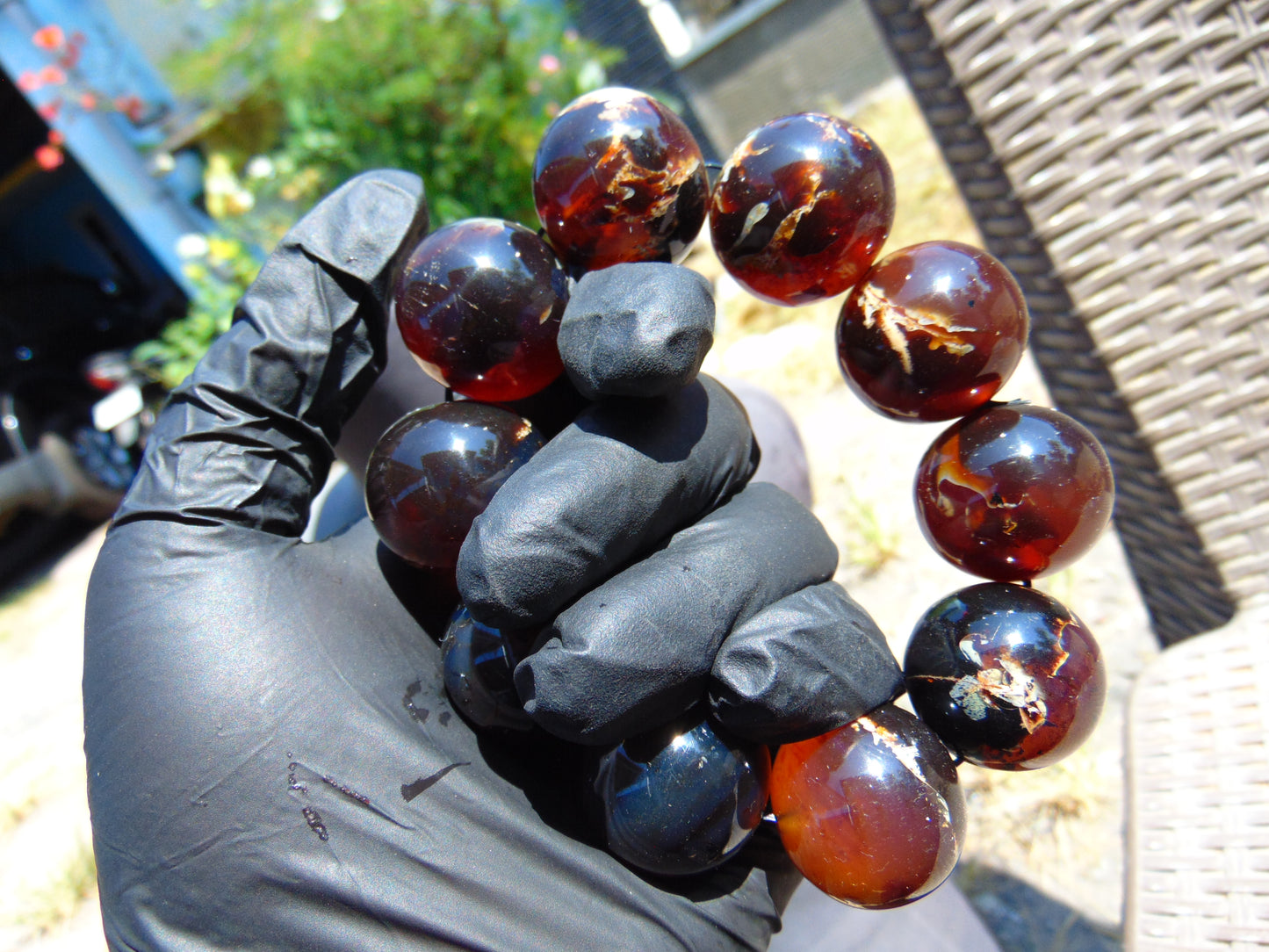 92 gram 10 Beads Mala Bracelet Indonesian Inclusion Red Purple Amber 25 mmfor Healing BB1