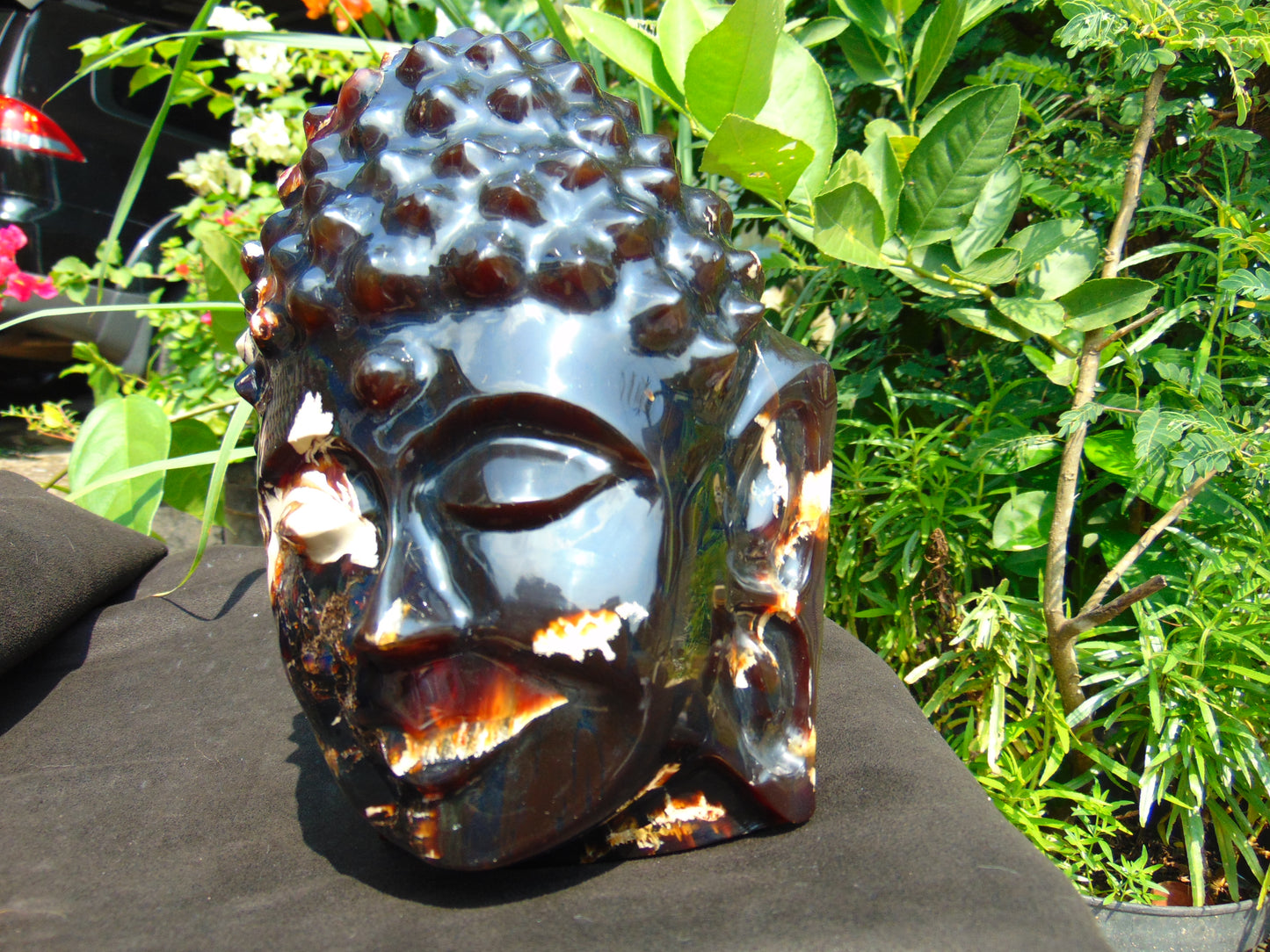 1728 gr 150x158x190 mm Big Buddha head carving on Indonesian Mushroom Inclusion Amber for Healing and Museum