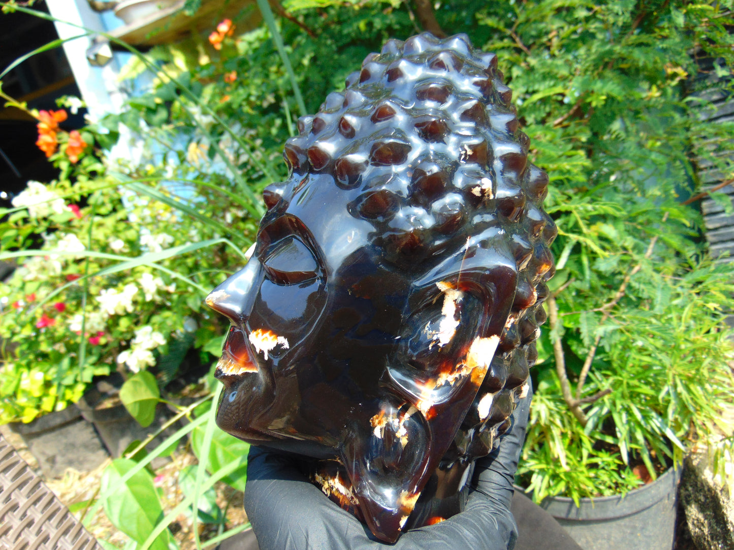 1728 gr 150x158x190 mm Big Buddha head carving on Indonesian Mushroom Inclusion Amber for Healing and Museum