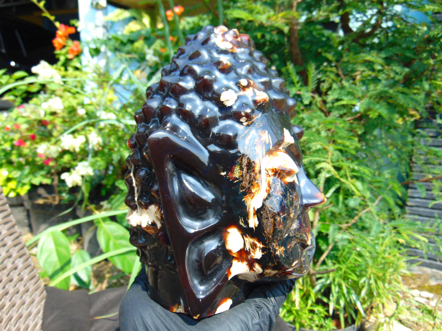 1728 gr 150x158x190 mm Big Buddha head carving on Indonesian Mushroom Inclusion Amber for Healing and Museum