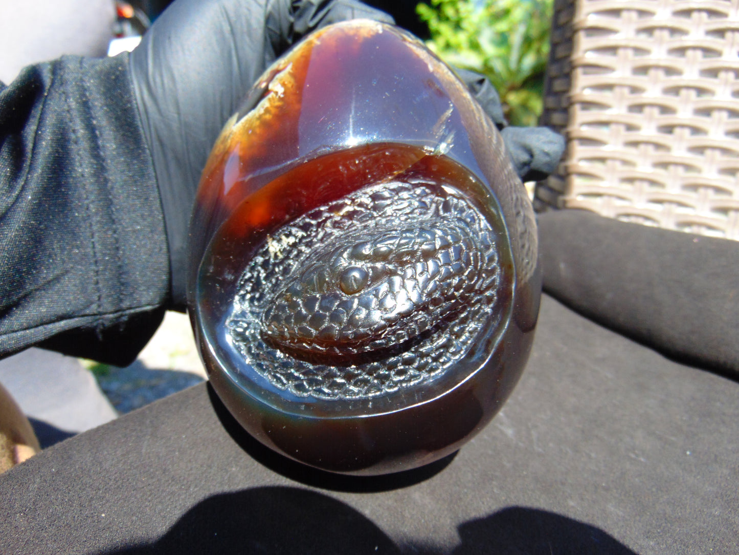 593 gr 4.9x3.9" snake carving on the Amber egg Indonesian Mushroom Inclusion Purple Blue Amber AJ772