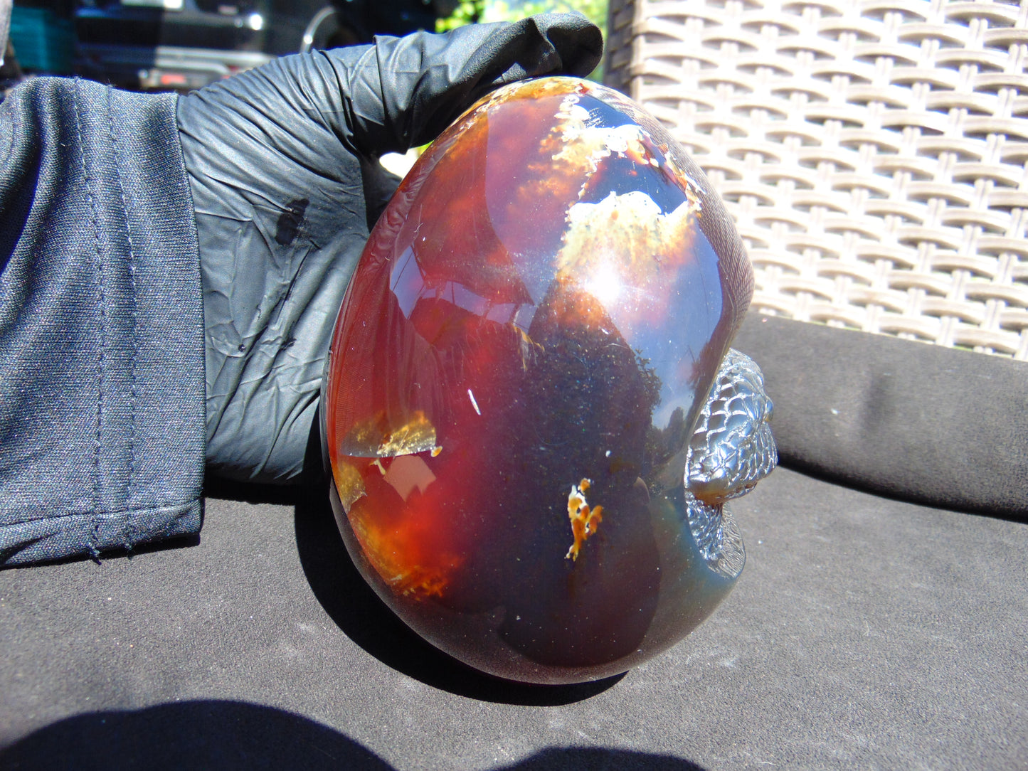 593 gr 4.9x3.9" snake carving on the Amber egg Indonesian Mushroom Inclusion Purple Blue Amber AJ772