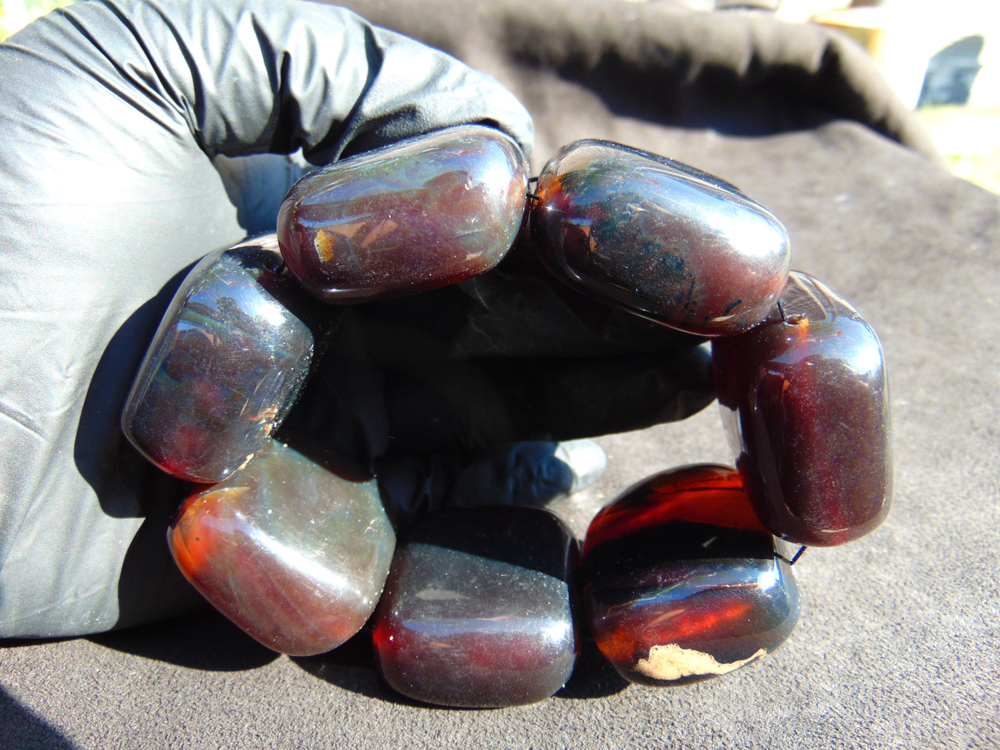 142 gr 7 Square Beads Bangle Indonesian Sumatra Dark Blue Amber for Healing FR114