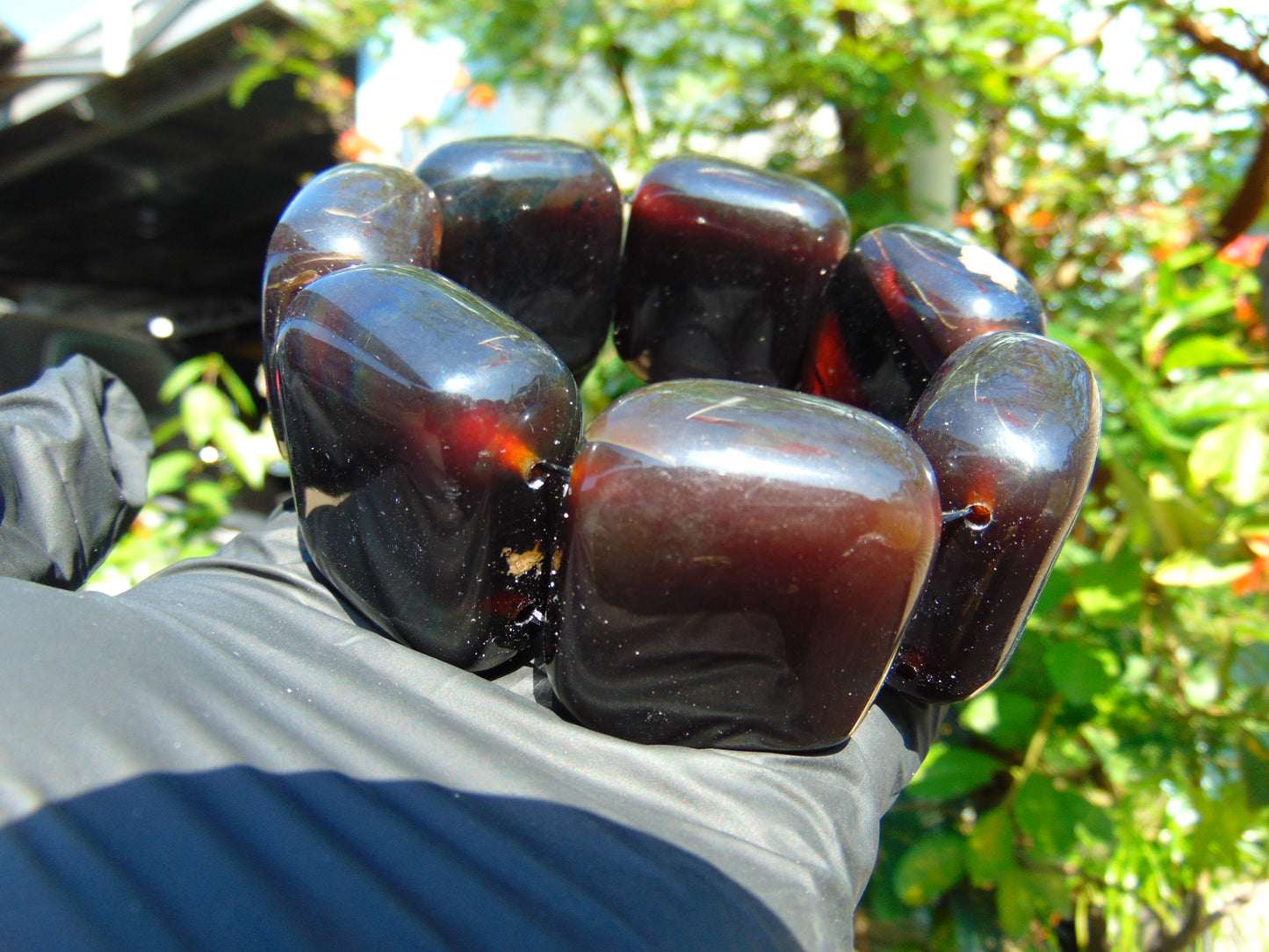 142 gr 7 Square Beads Bangle Indonesian Sumatra Dark Blue Amber for Healing FR114