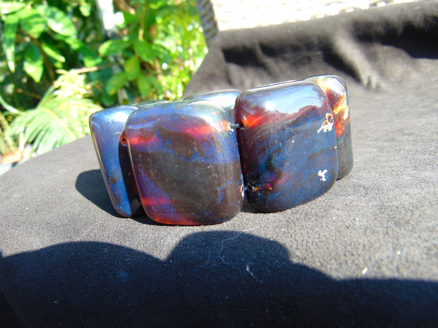 162 gr 7 Square Beads Bangle Indonesian Sumatra Red Blue Amber for Healing FR118
