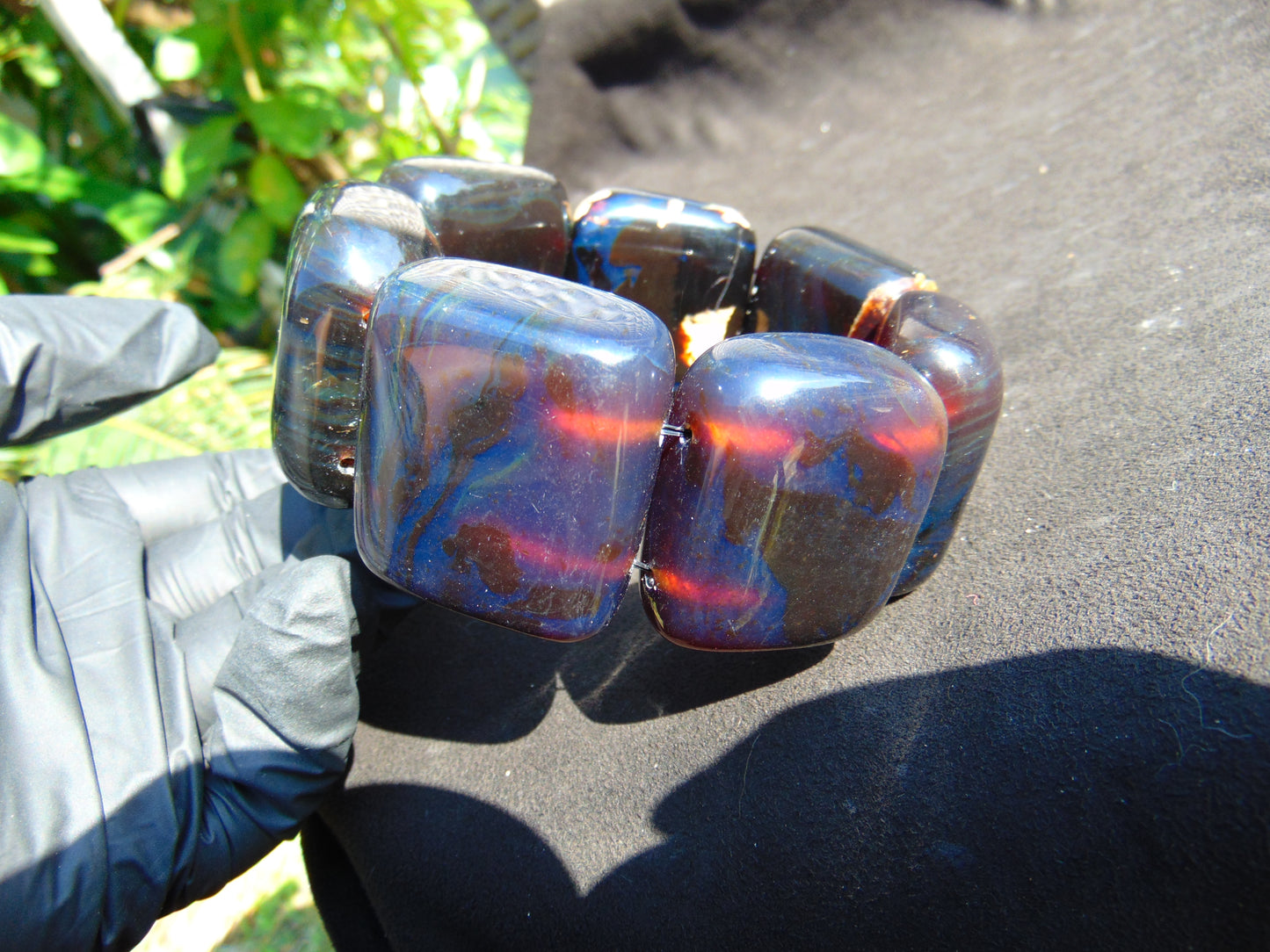 162 gr 7 Square Beads Bangle Indonesian Sumatra Red Blue Amber for Healing FR118