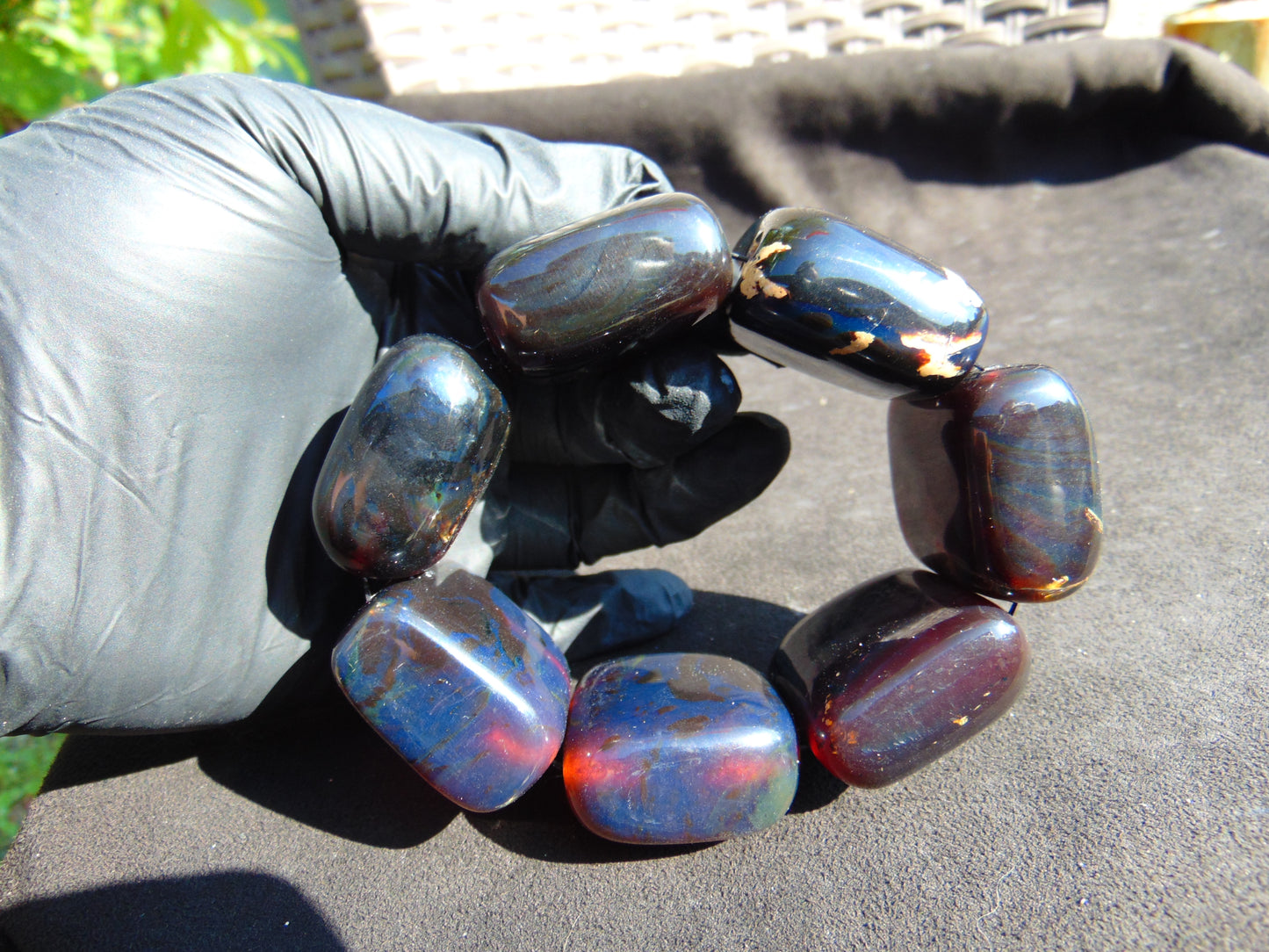 162 gr 7 Square Beads Bangle Indonesian Sumatra Red Blue Amber for Healing FR118