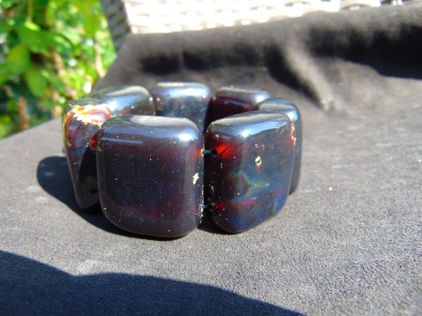 165 gr 7 Square Beads Bangle Indonesian Sumatra Red Blue Amber for Healing FR117