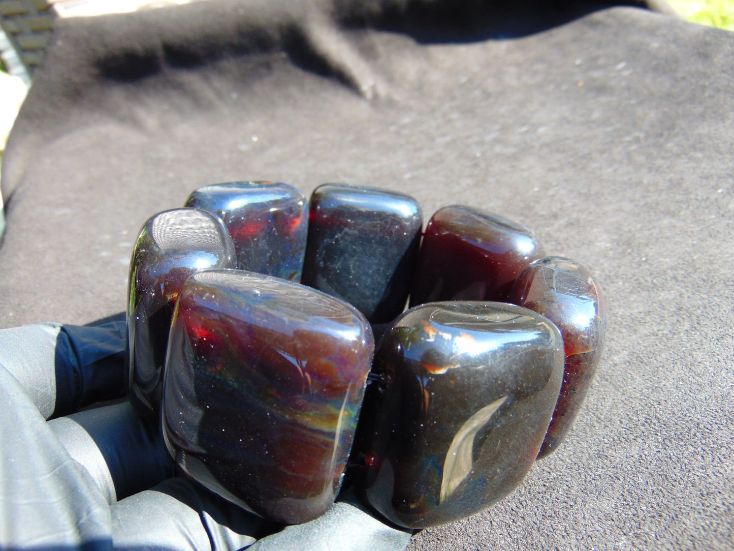165 gr 7 Square Beads Bangle Indonesian Sumatra Red Blue Amber for Healing FR117