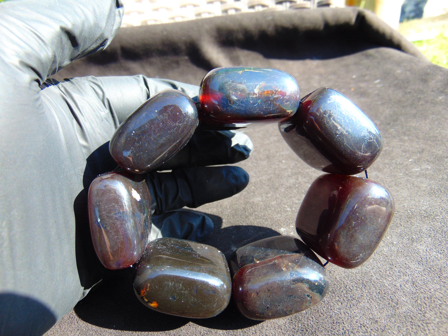 165 gr 7 Square Beads Bangle Indonesian Sumatra Red Blue Amber for Healing FR117