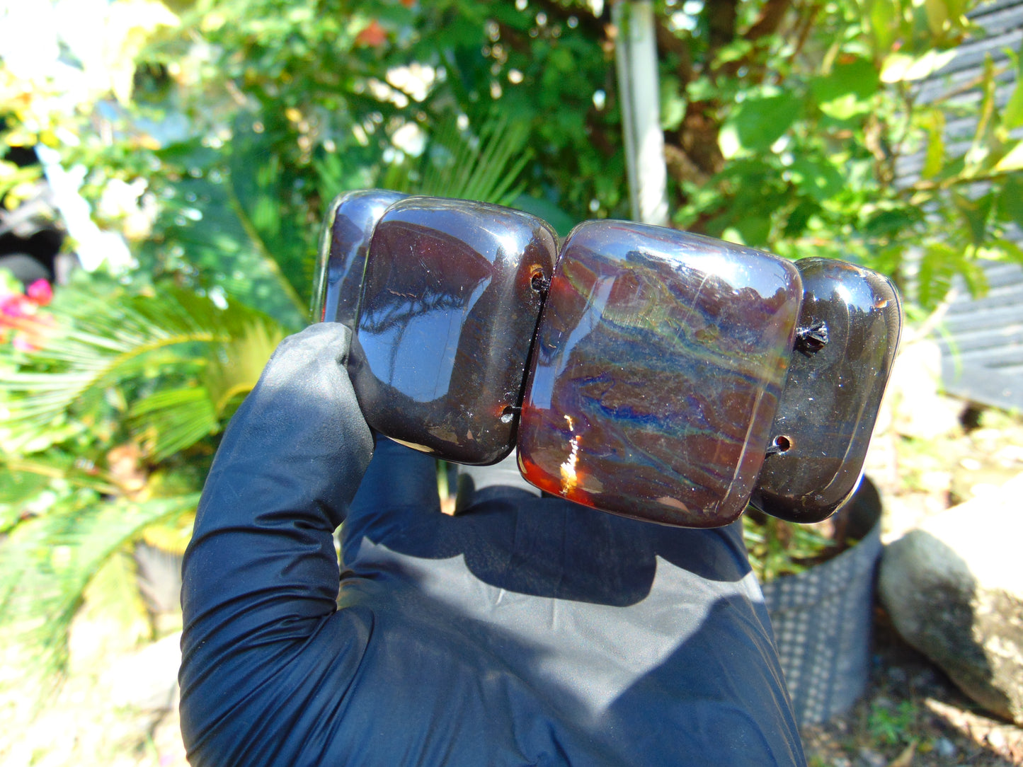 165 gr 7 Square Beads Bangle Indonesian Sumatra Red Blue Amber for Healing FR117