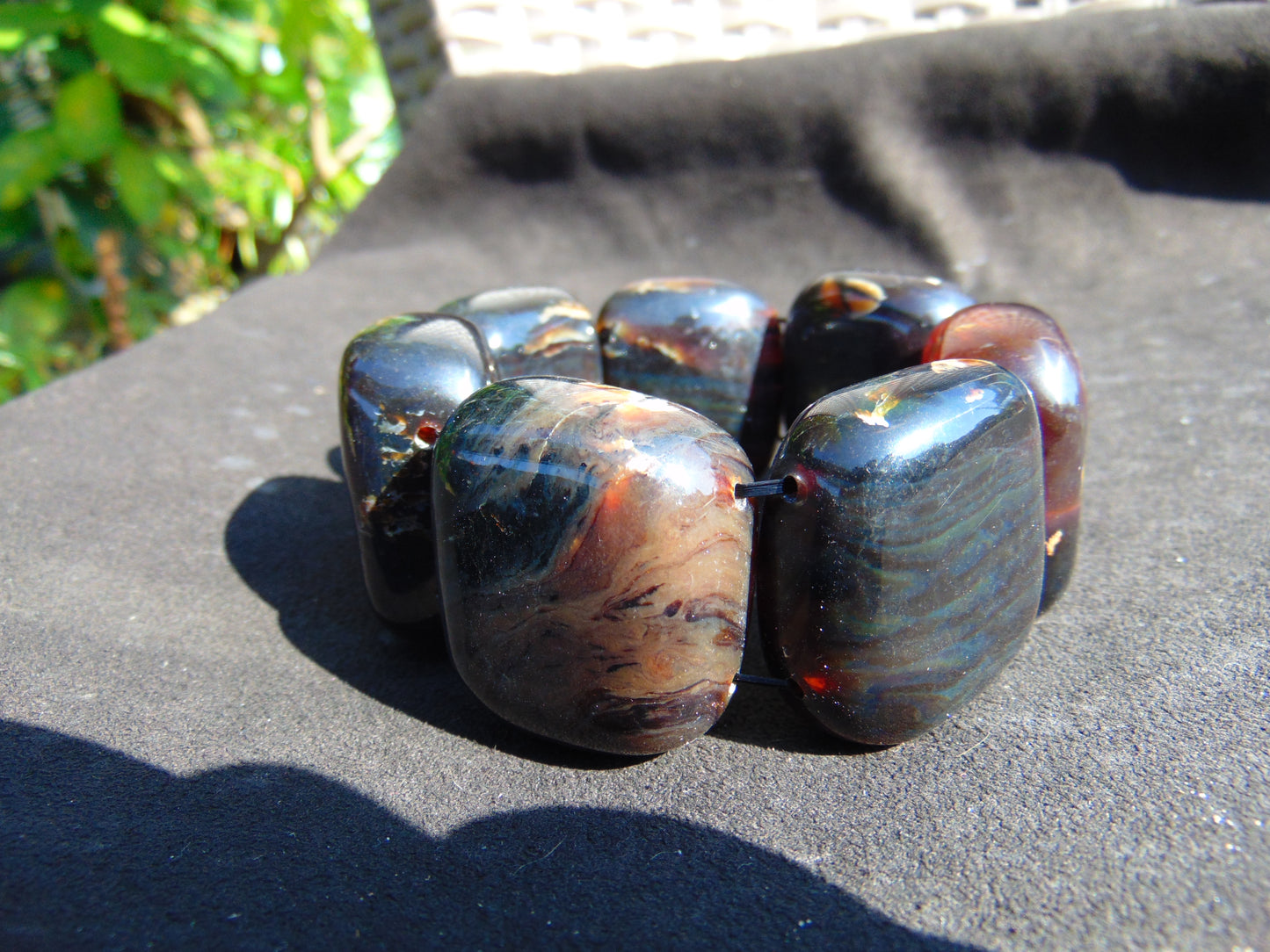 130 gr 7 Square Beads Bangle Indonesian Sumatra Dark Blue Amber for Healing FR113
