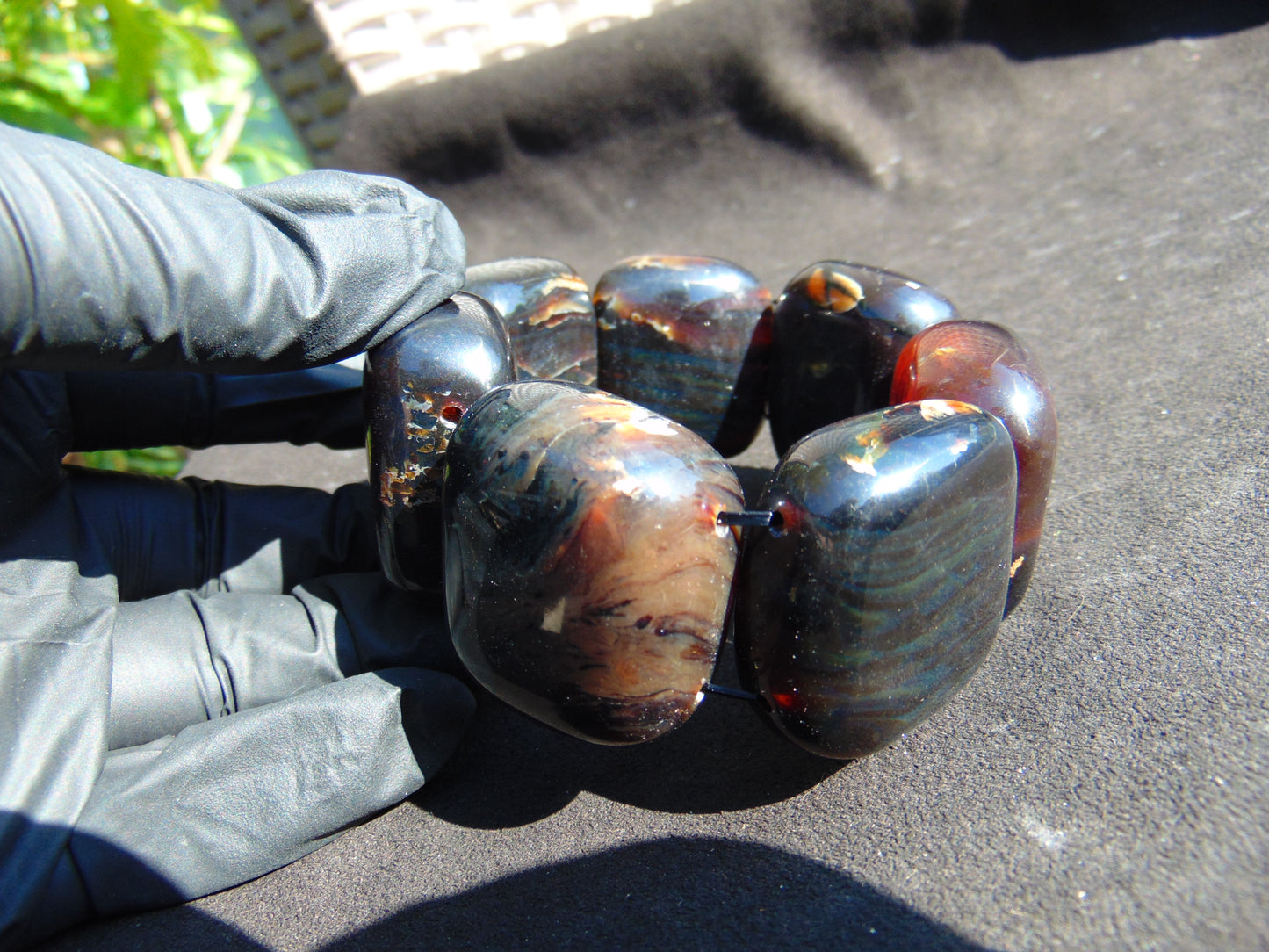 130 gr 7 Square Beads Bangle Indonesian Sumatra Dark Blue Amber for Healing FR113