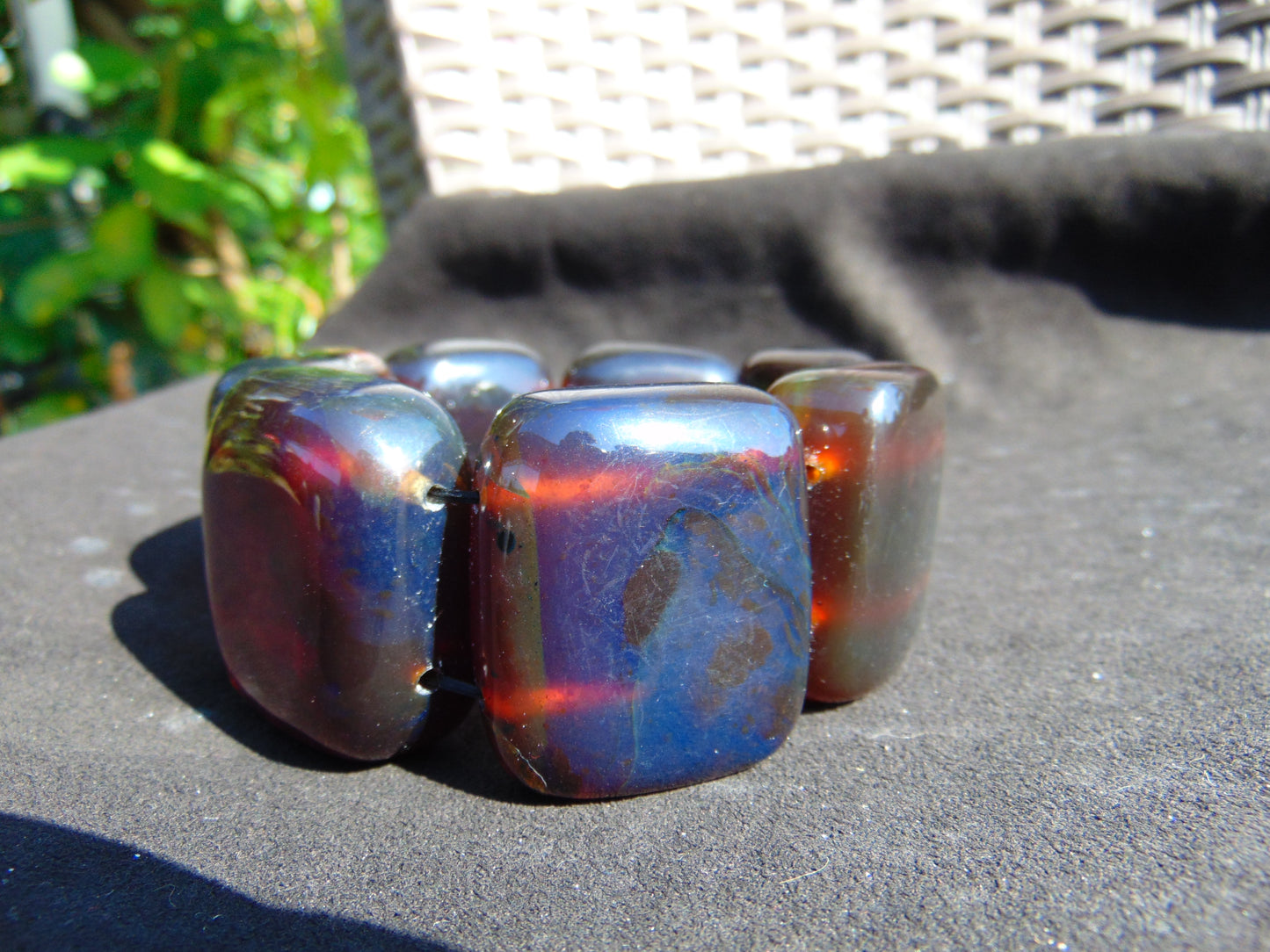 143 gr 7 Square Beads Bangle Indonesian Sumatra Red Blue Amber for Healing FR115