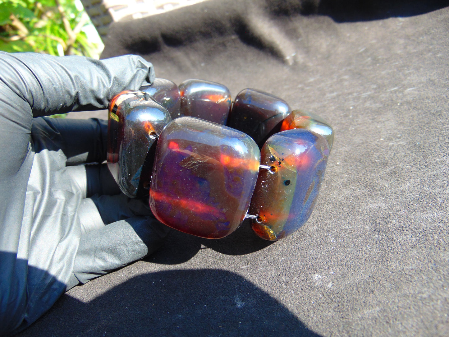 143 gr 7 Square Beads Bangle Indonesian Sumatra Red Blue Amber for Healing FR115