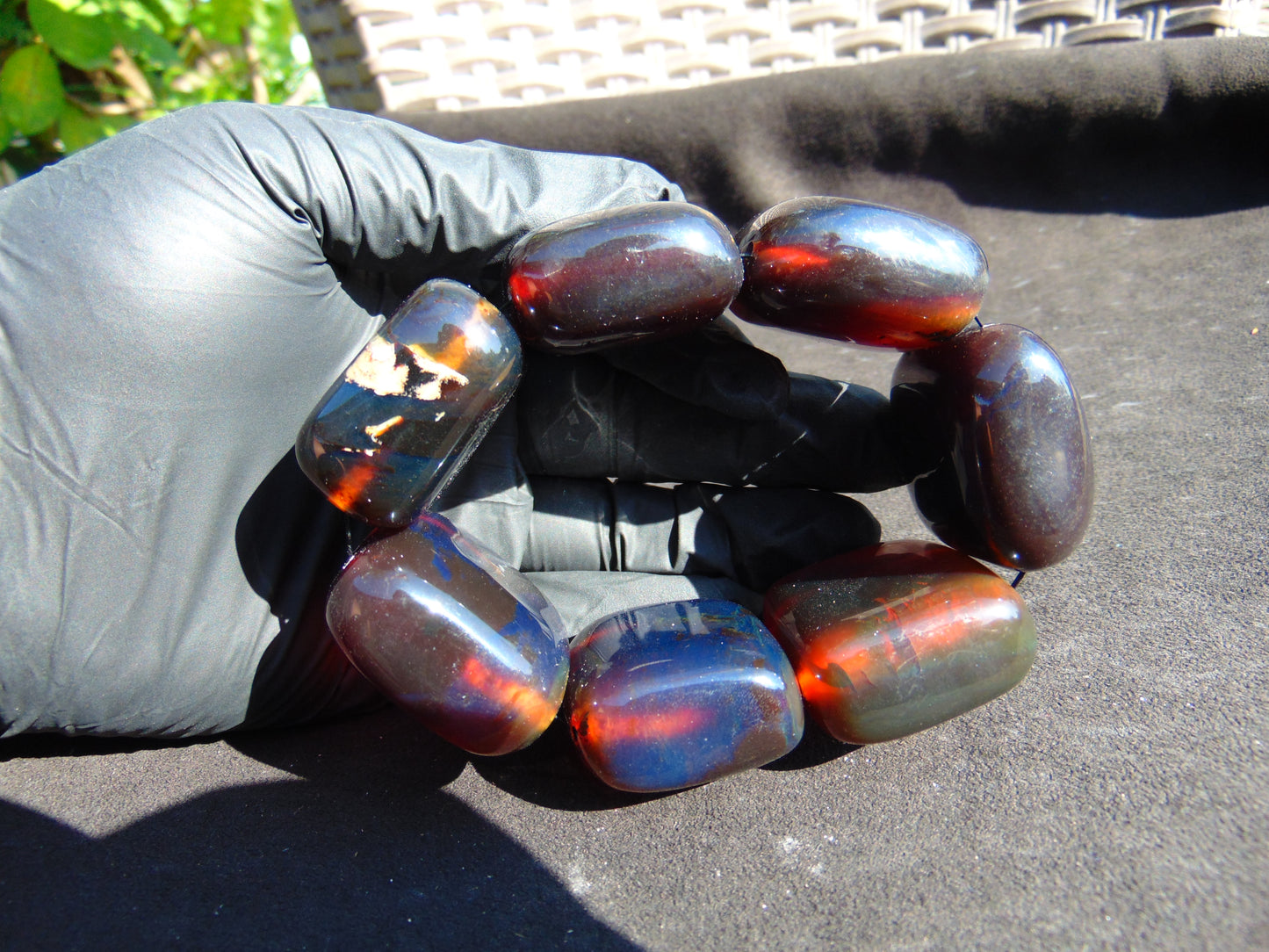 143 gr 7 Square Beads Bangle Indonesian Sumatra Red Blue Amber for Healing FR115