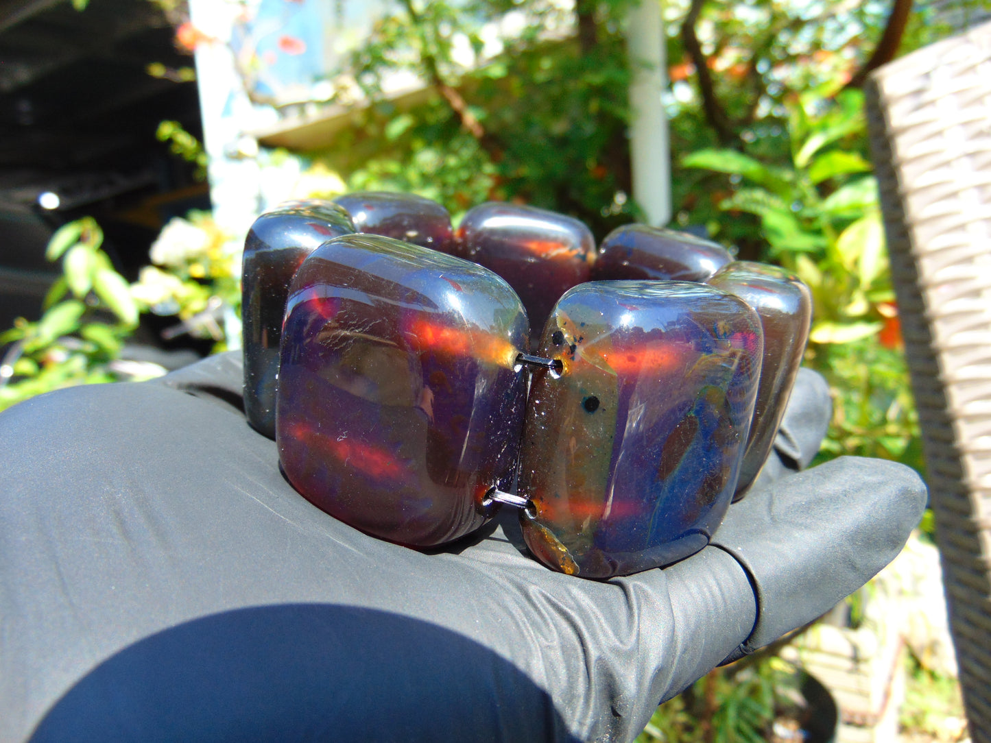 143 gr 7 Square Beads Bangle Indonesian Sumatra Red Blue Amber for Healing FR115
