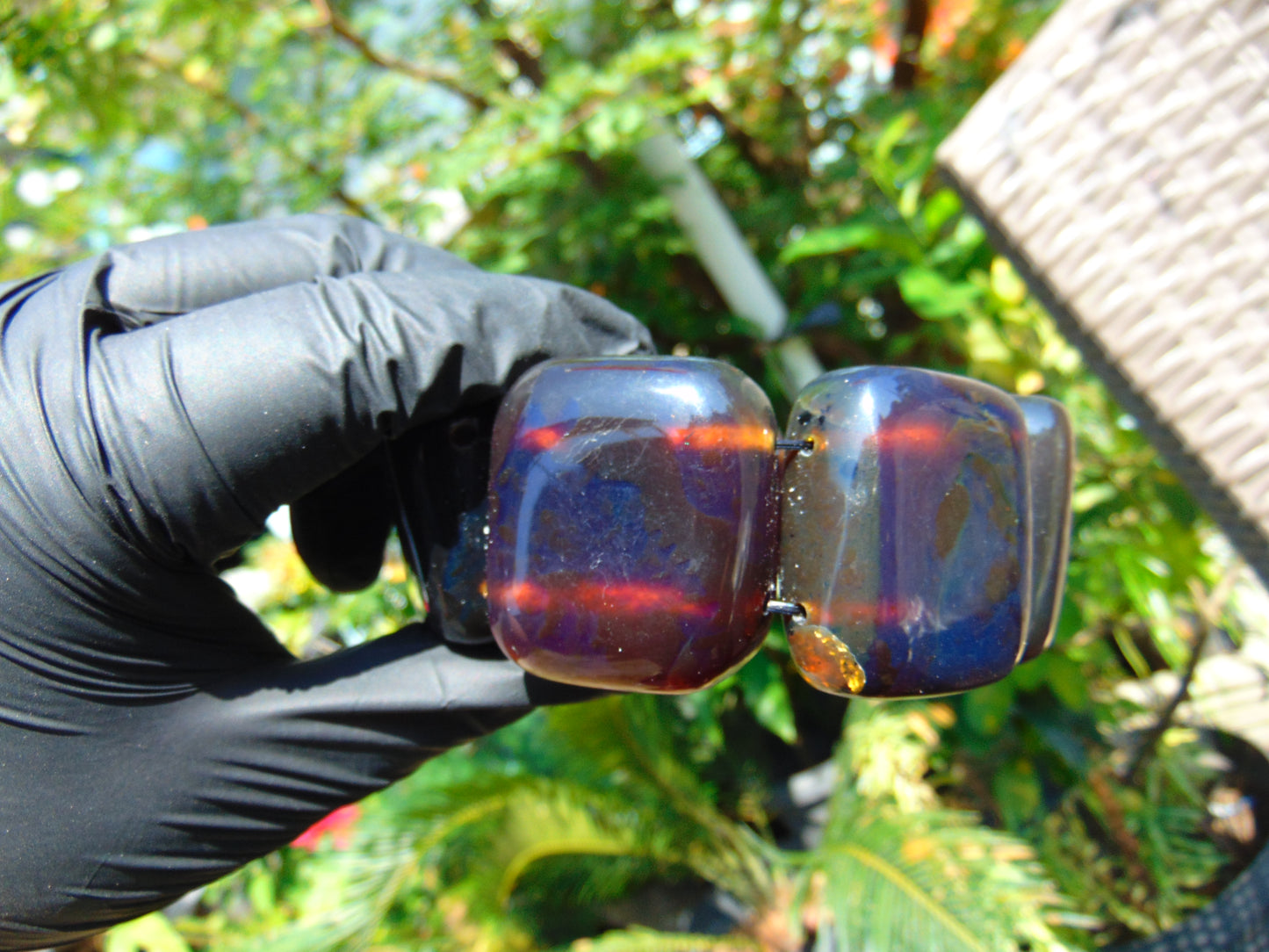 143 gr 7 Square Beads Bangle Indonesian Sumatra Red Blue Amber for Healing FR115