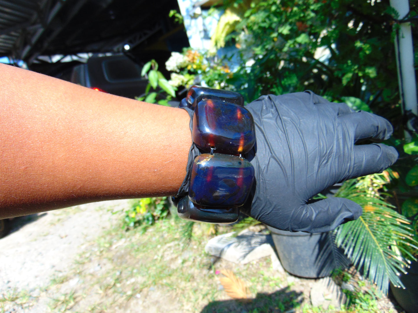 143 gr 7 Square Beads Bangle Indonesian Sumatra Red Blue Amber for Healing FR115