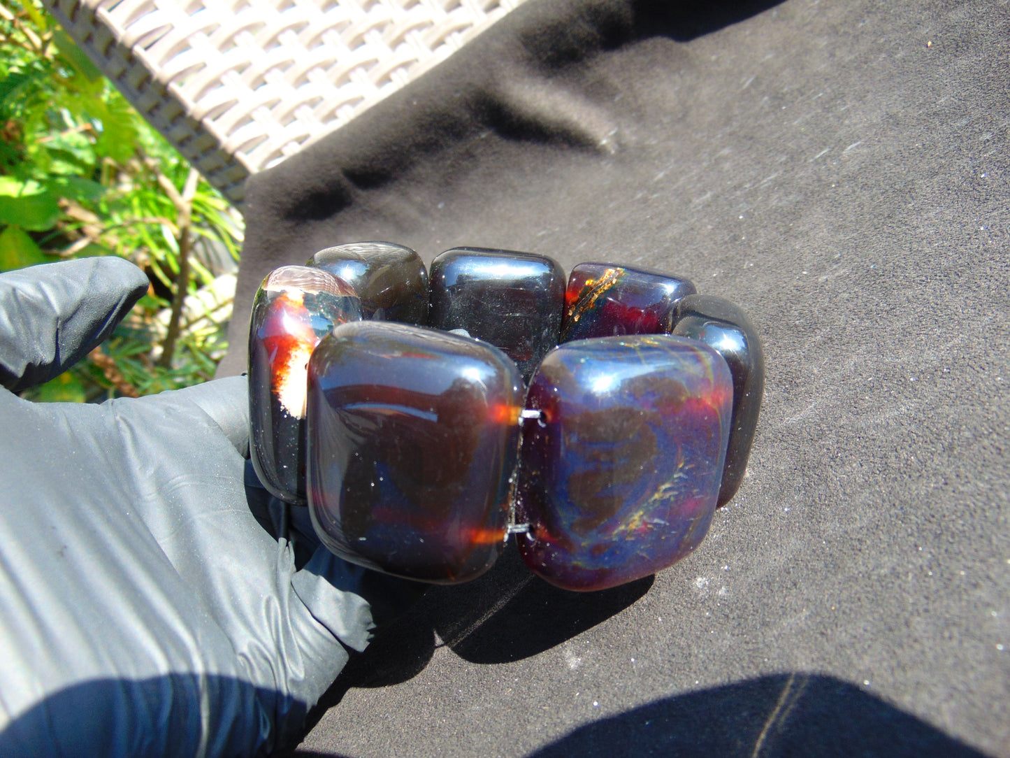 170 gr 7 Square Beads Bangle Indonesian Sumatra Purple Blue Amber for Healing FR119