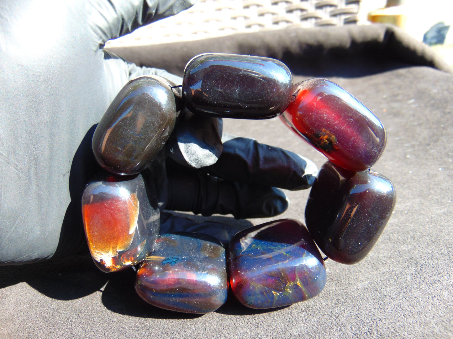 170 gr 7 Square Beads Bangle Indonesian Sumatra Purple Blue Amber for Healing FR119