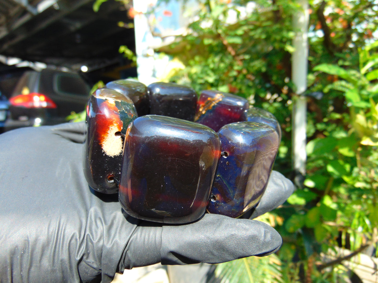 170 gr 7 Square Beads Bangle Indonesian Sumatra Purple Blue Amber for Healing FR119
