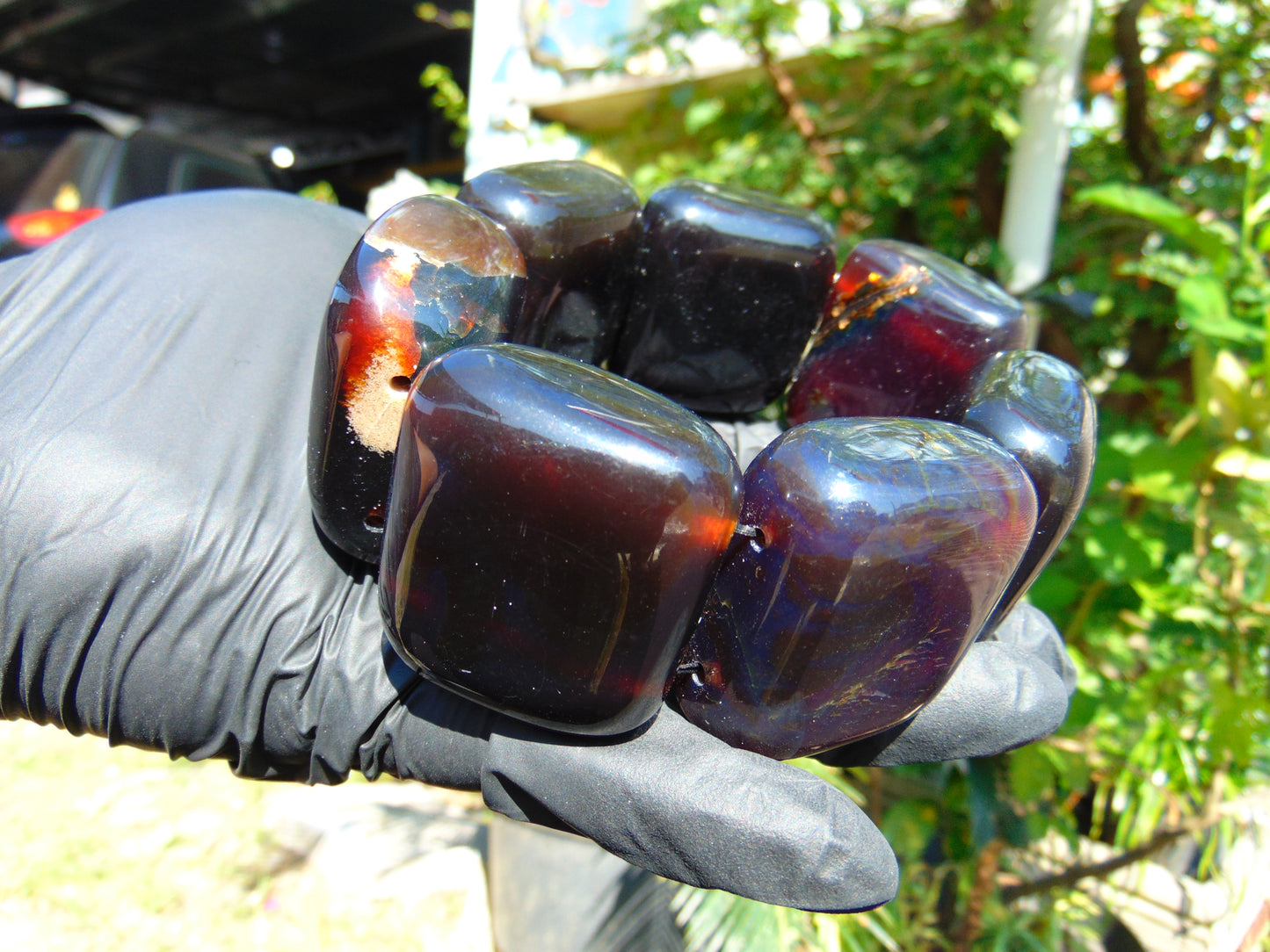 170 gr 7 Square Beads Bangle Indonesian Sumatra Purple Blue Amber for Healing FR119