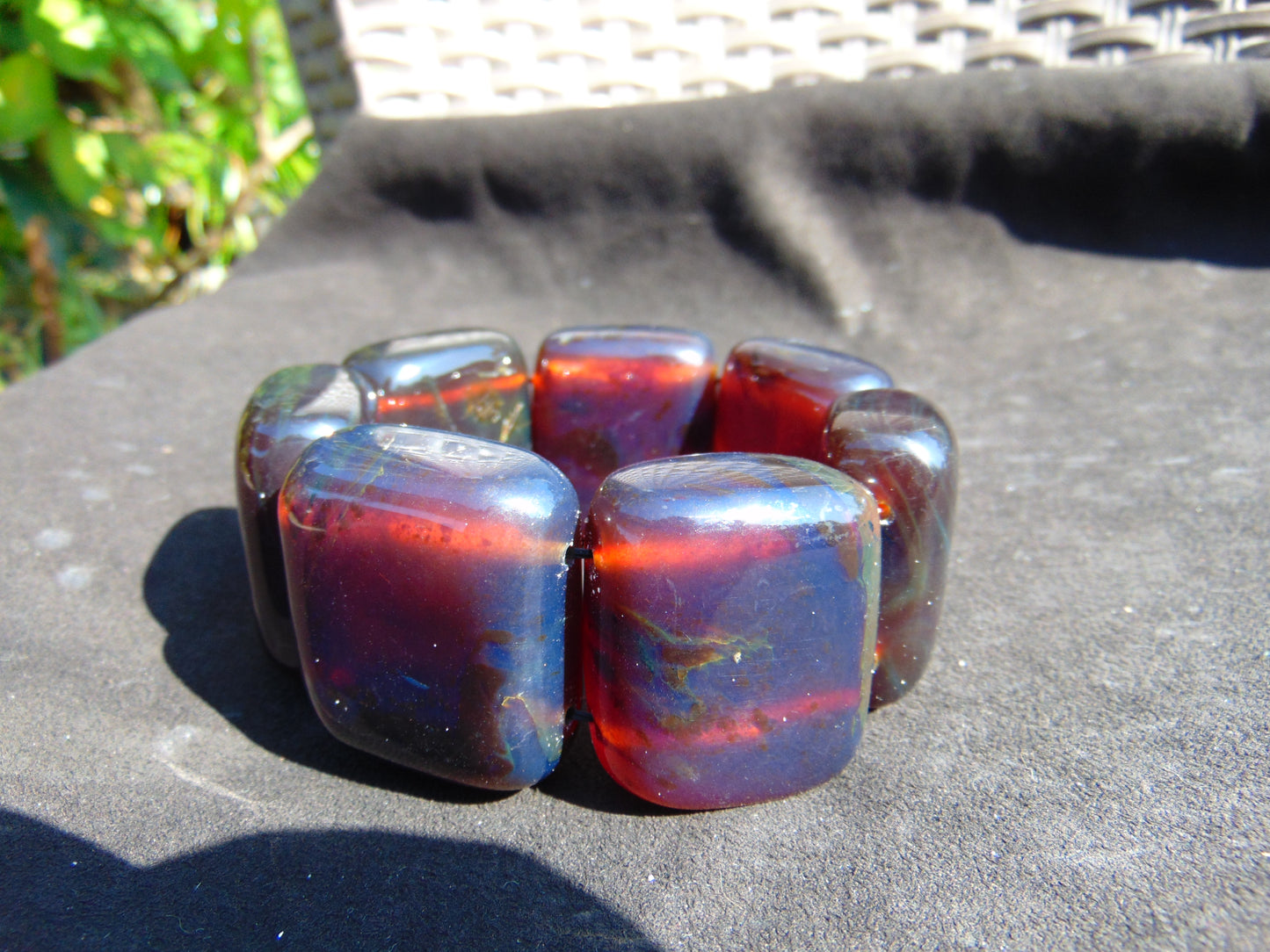 153 gr 7 Square Beads Bangle Indonesian Sumatra Dark Blue Amber for Healing FR126