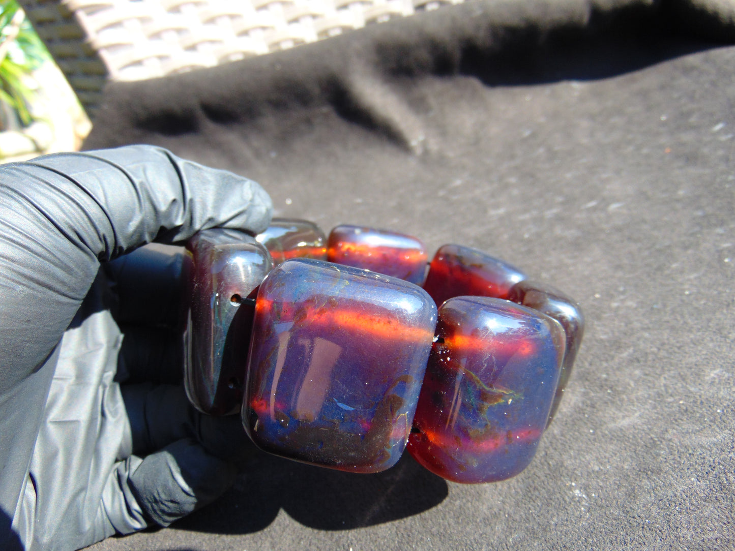 153 gr 7 Square Beads Bangle Indonesian Sumatra Dark Blue Amber for Healing FR126
