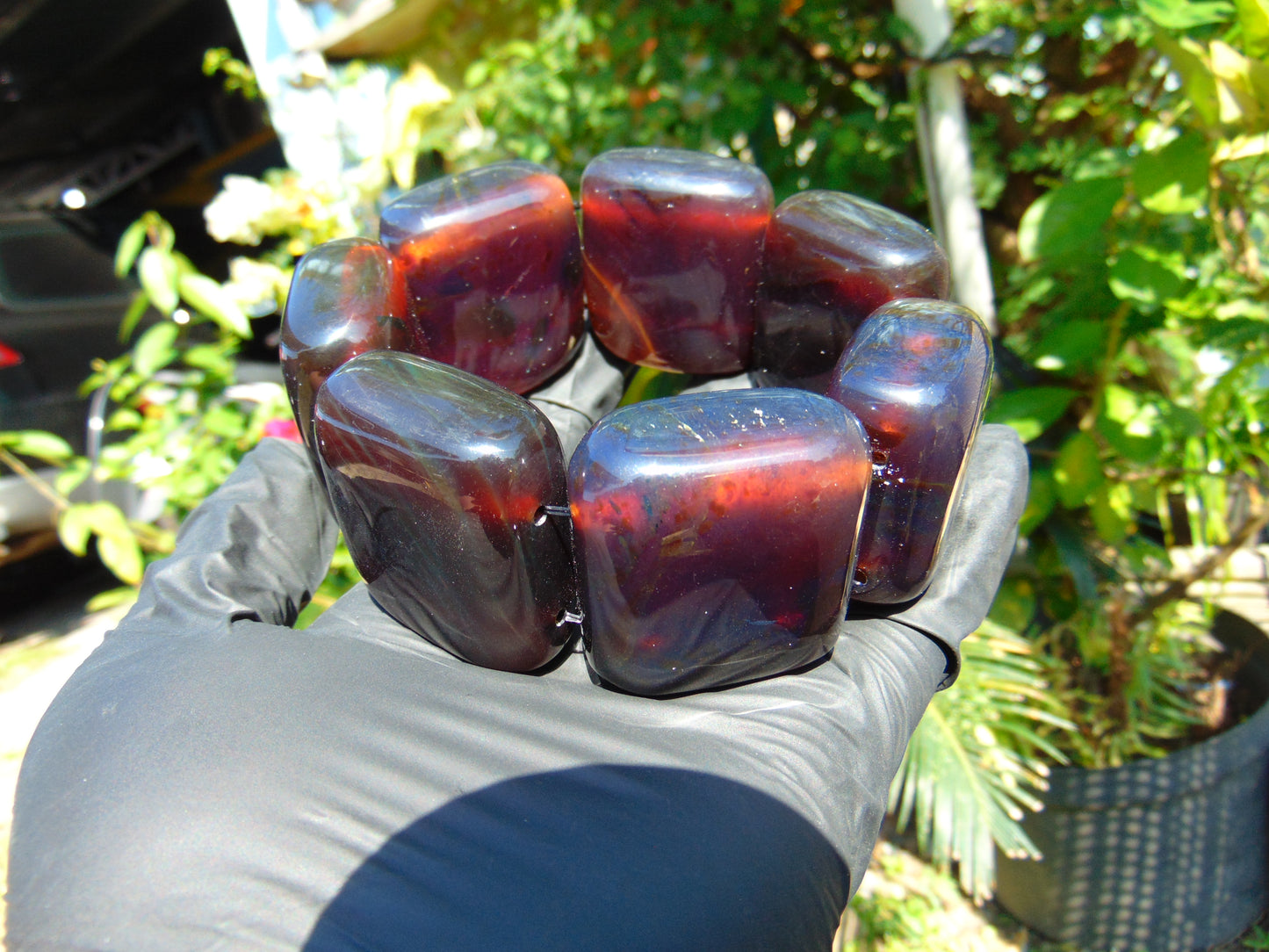 153 gr 7 Square Beads Bangle Indonesian Sumatra Dark Blue Amber for Healing FR126