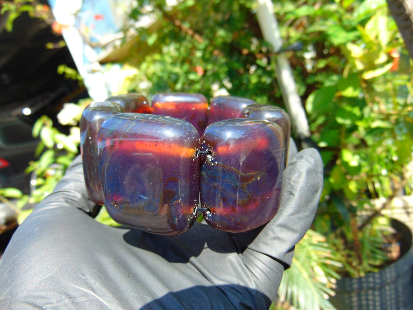 153 gr 7 Square Beads Bangle Indonesian Sumatra Dark Blue Amber for Healing FR126