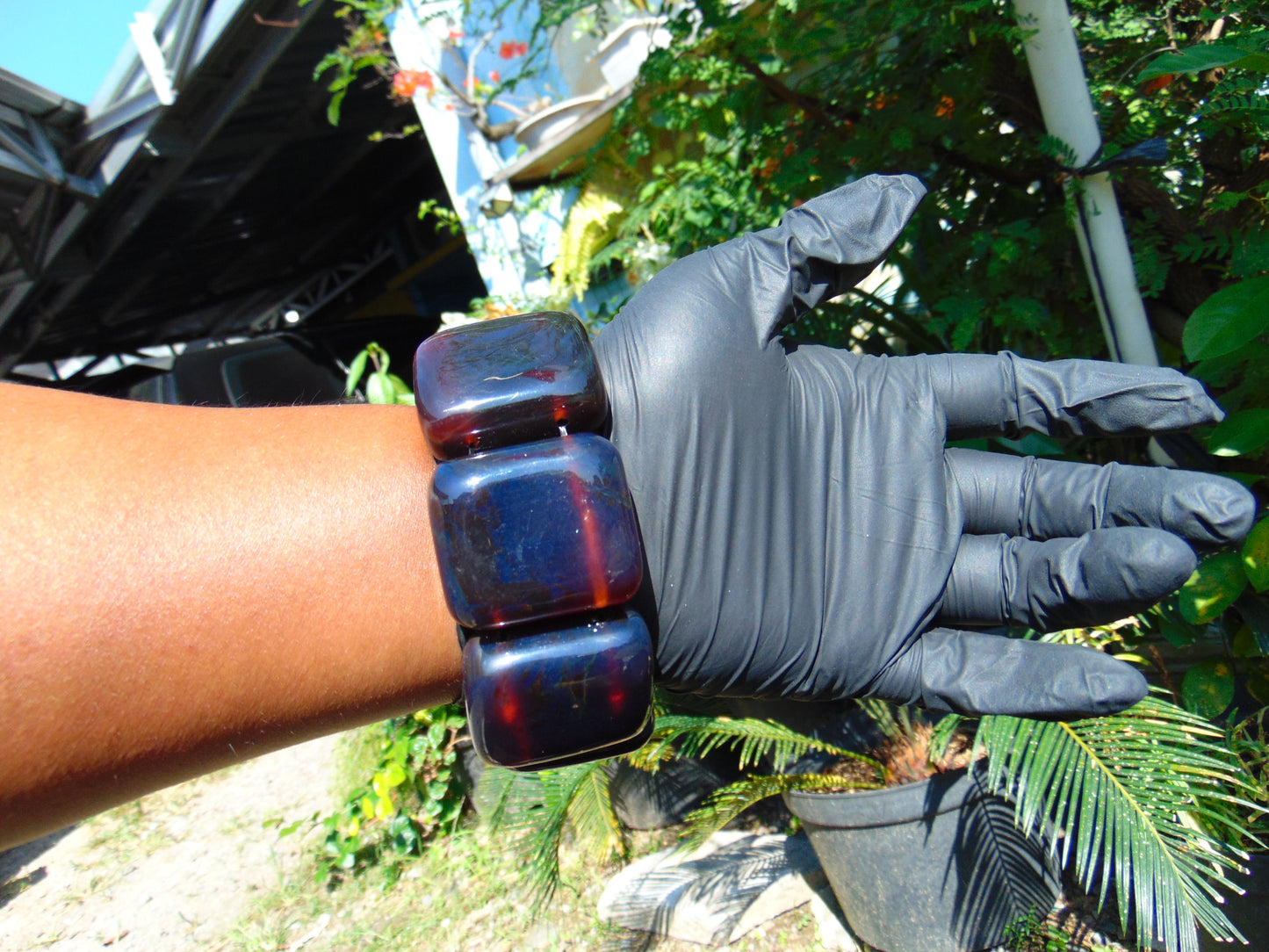153 gr 7 Square Beads Bangle Indonesian Sumatra Dark Blue Amber for Healing FR126